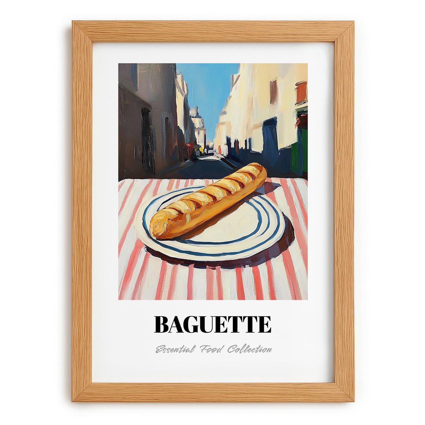 Baguette – White village Outdoor Café Scene, French Food Illustration, set in oak frame