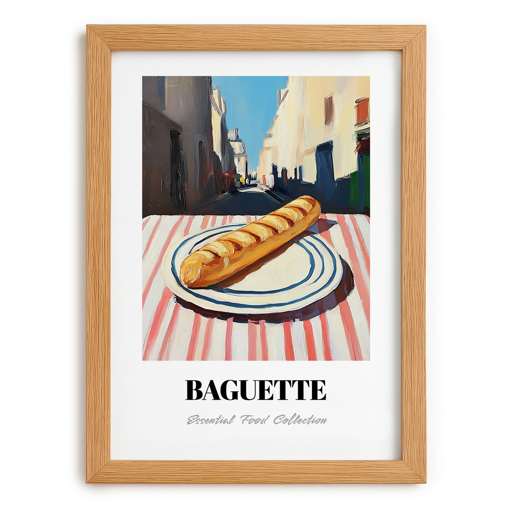 Baguette – White village Outdoor Café Scene, French Food Illustration, set in oak frame