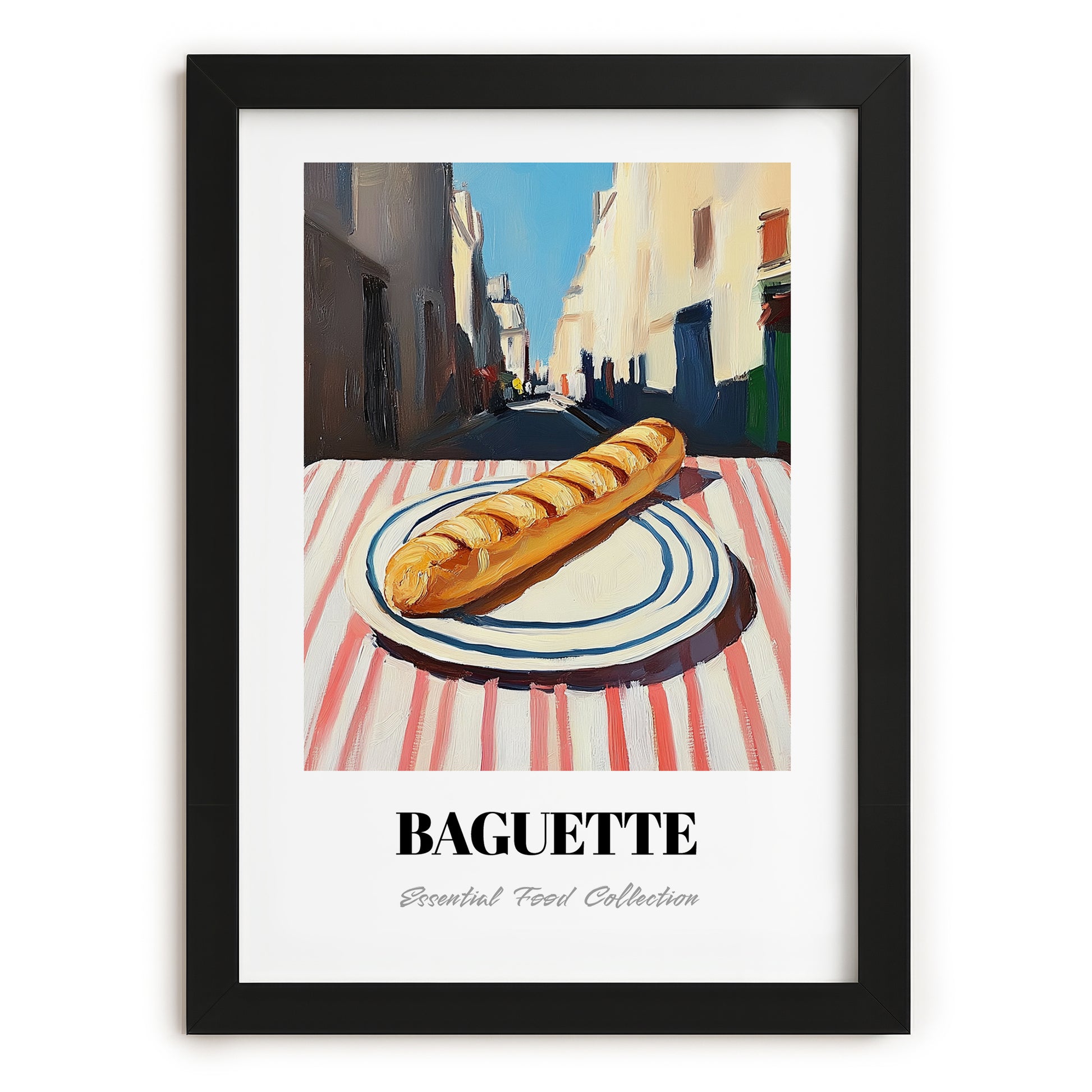 Baguette – White village Outdoor Café Scene, French Food Illustration, in sleek black frame