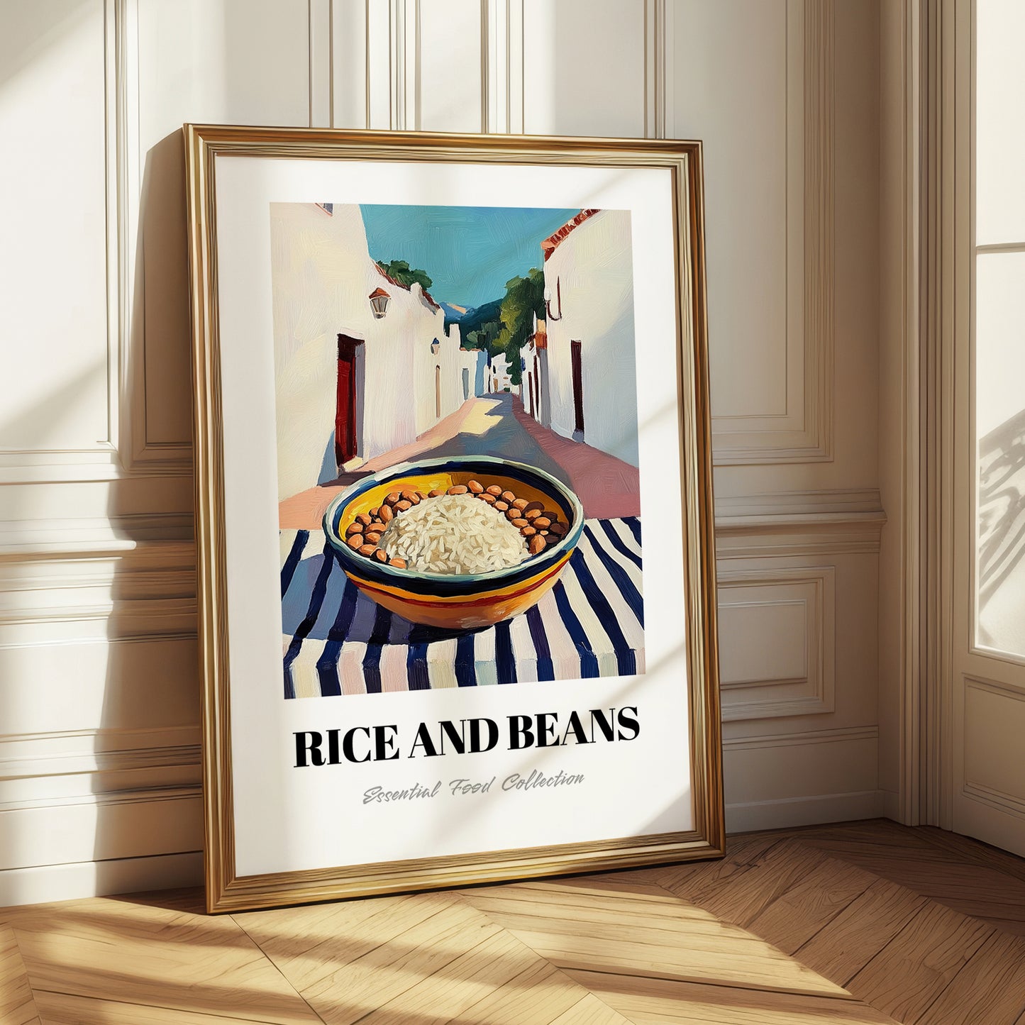 Rice And Beans – White village Outdoor Café Scene, Latin Food Illustration