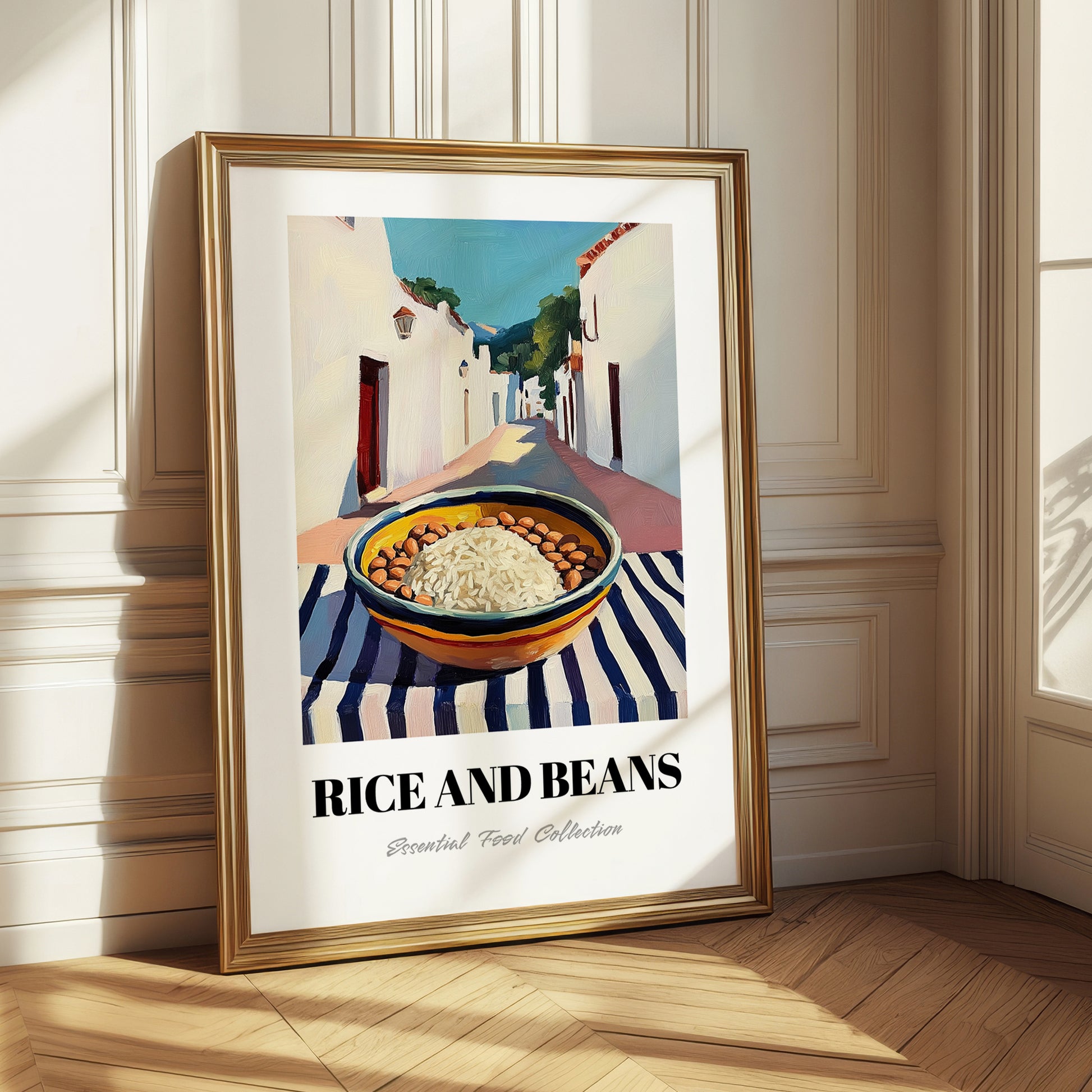 Rice And Beans – White village Outdoor Café Scene, Latin Food Illustration