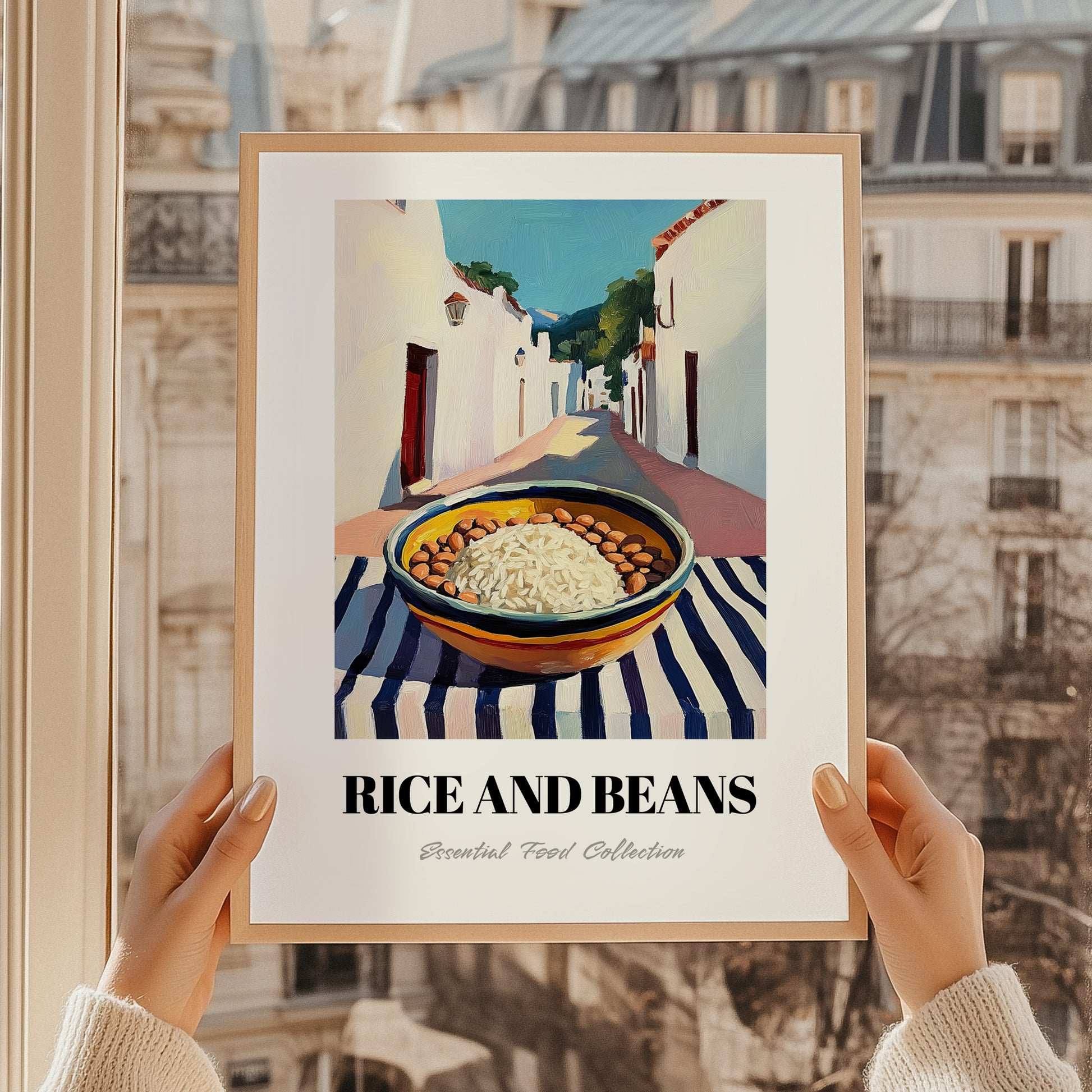 Rice And Beans – White village Outdoor Café Scene, Latin Food Illustration, styled in a charming Paris street view