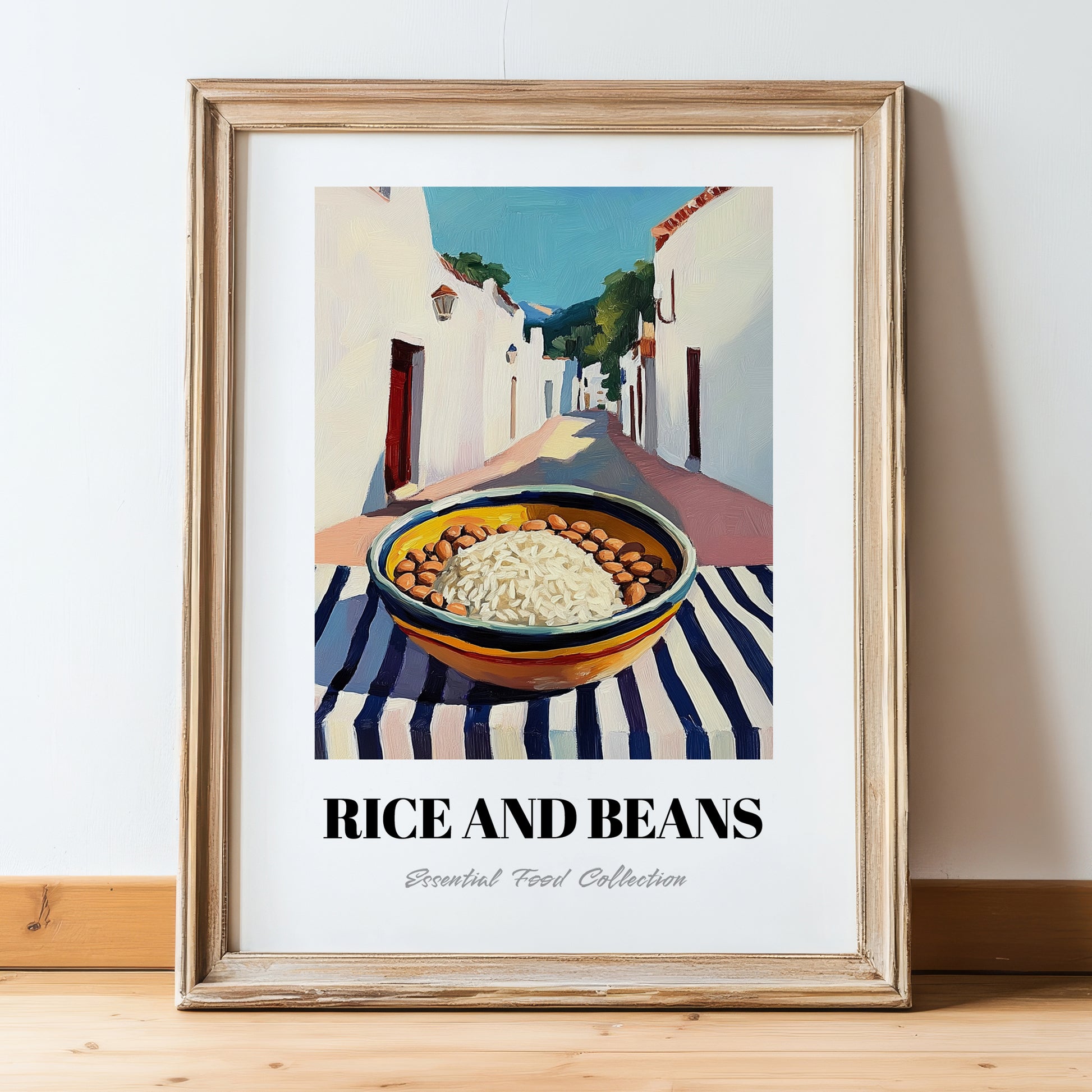 Rice And Beans – White village Outdoor Café Scene, Latin Food Illustration, in wooden frame leaning on the floor