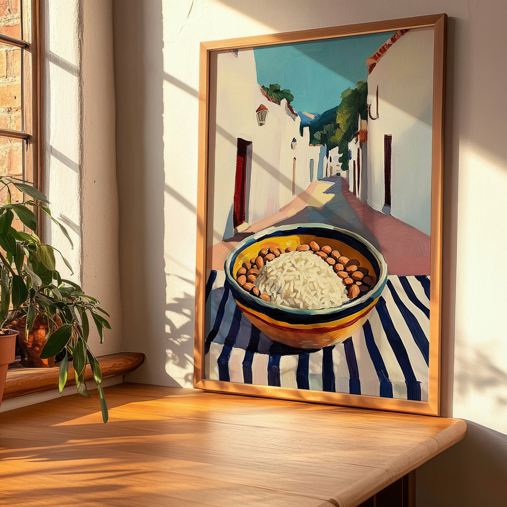 Rice And Beans – White village Outdoor Café Scene, Latin Food Illustration, clean layout with no caption