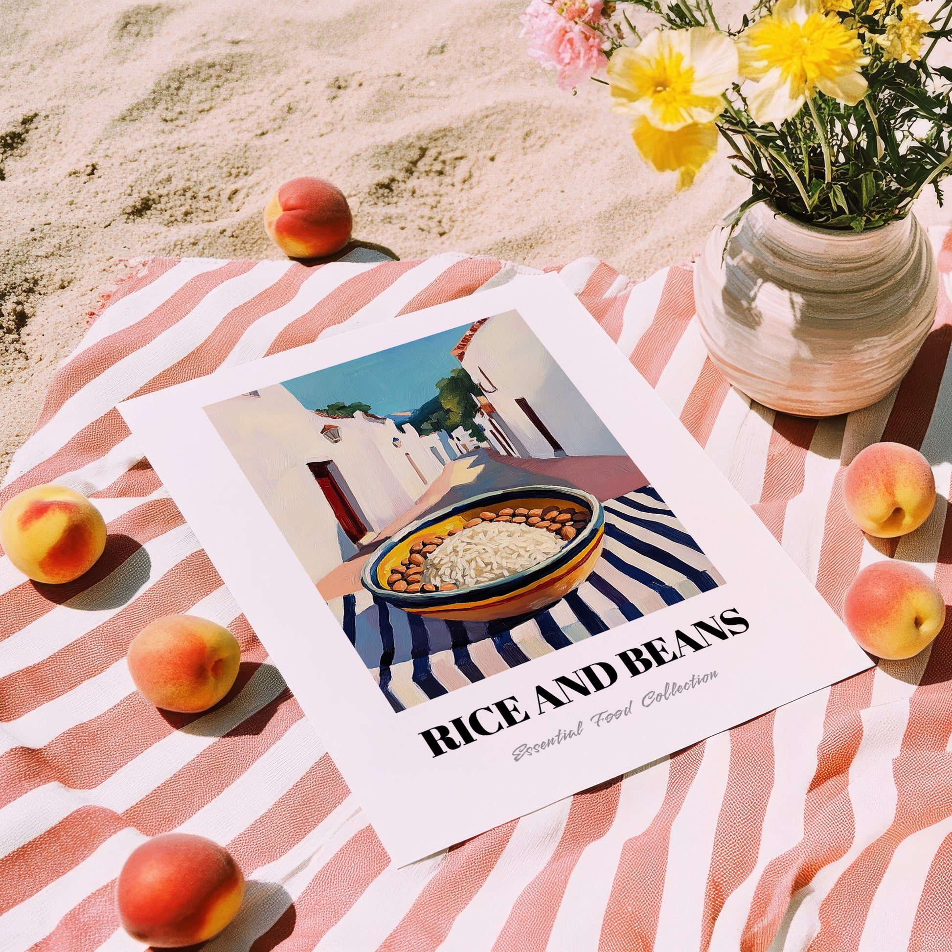 Rice And Beans – White village Outdoor Café Scene, Latin Food Illustration, unframed on coastal sand