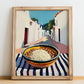 Rice And Beans – White village Outdoor Café Scene, Latin Food Illustration, no-text version framed in wood