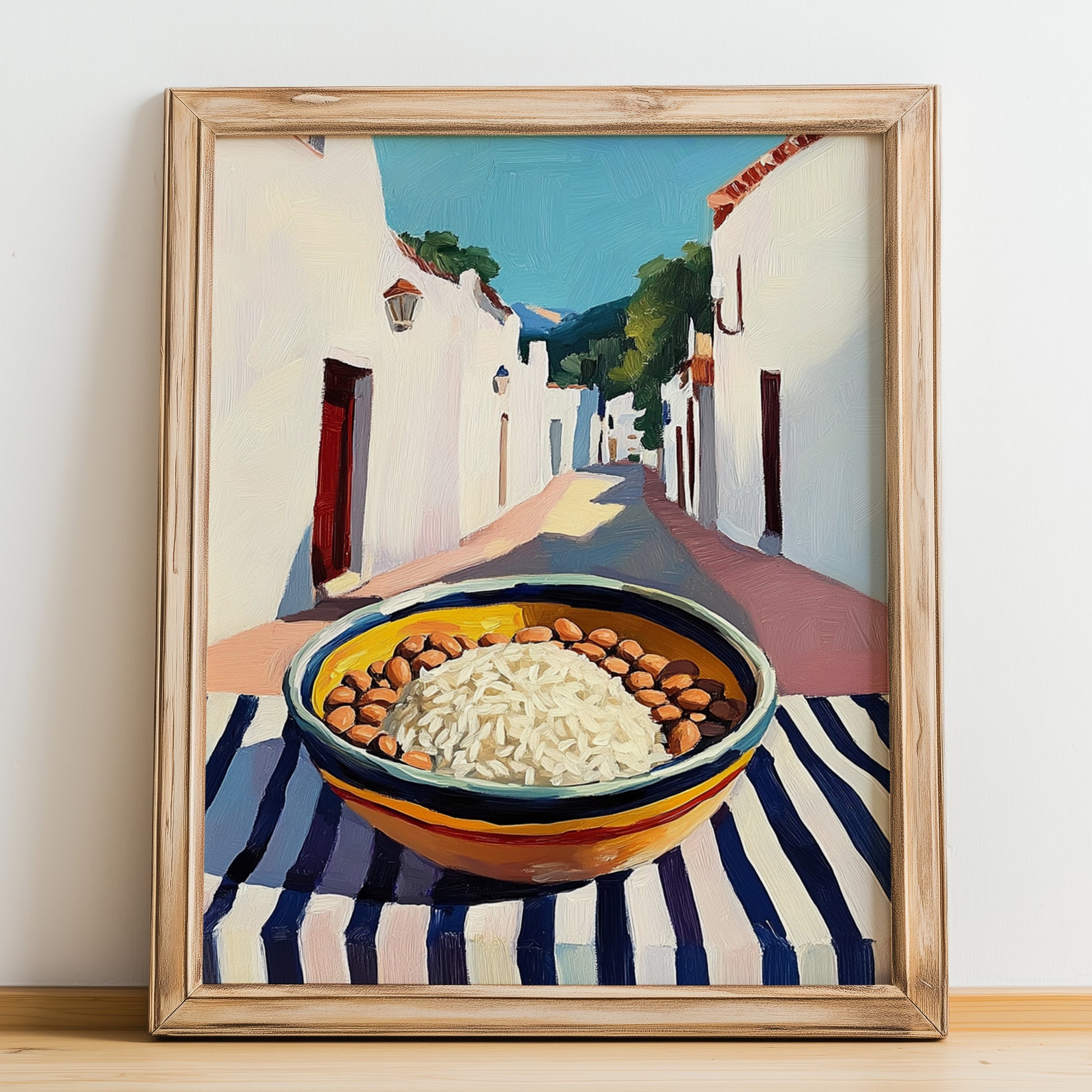 Rice And Beans – White village Outdoor Café Scene, Latin Food Illustration, no-text version framed in wood
