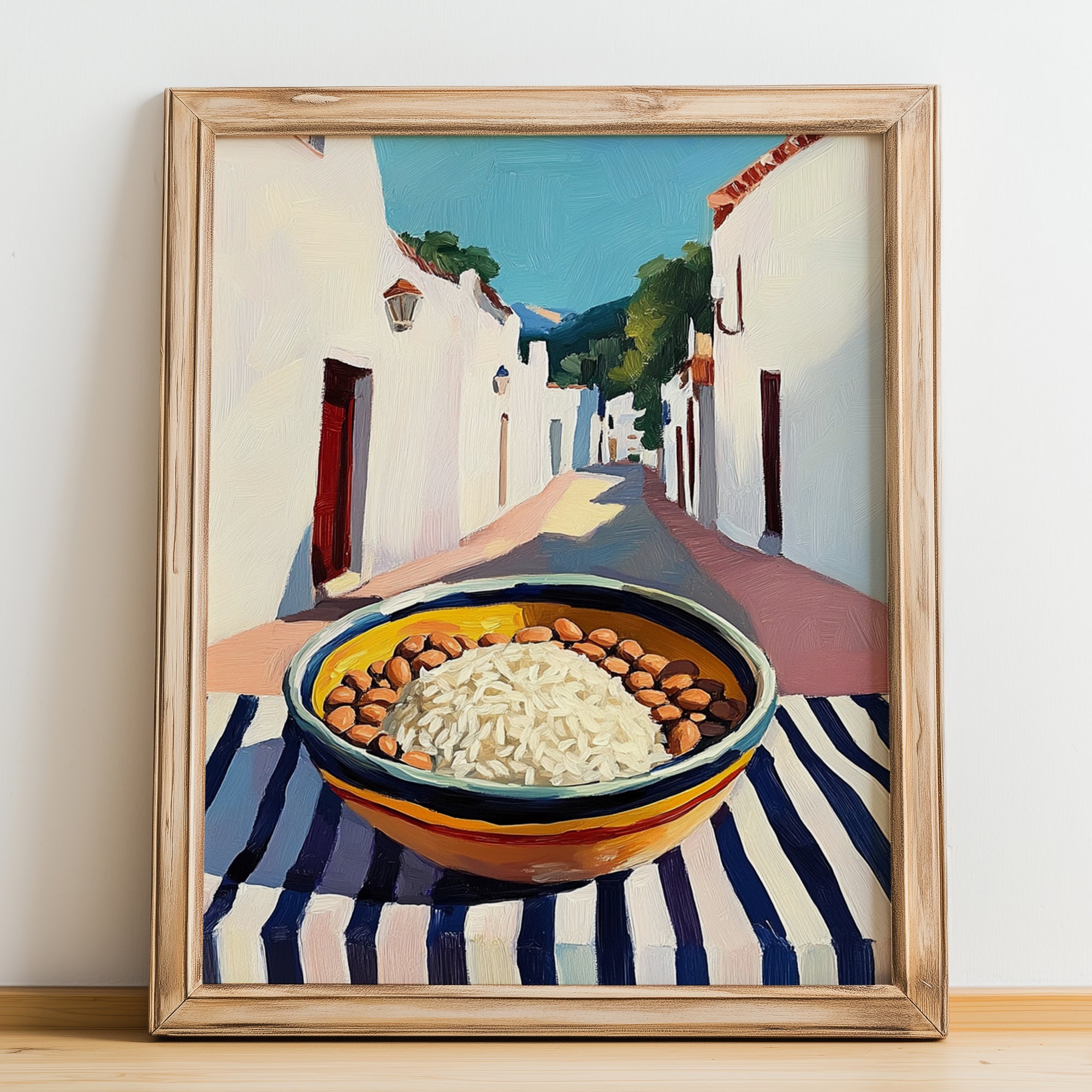 Rice And Beans – White village Outdoor Café Scene, Latin Food Illustration, no-text version framed in wood