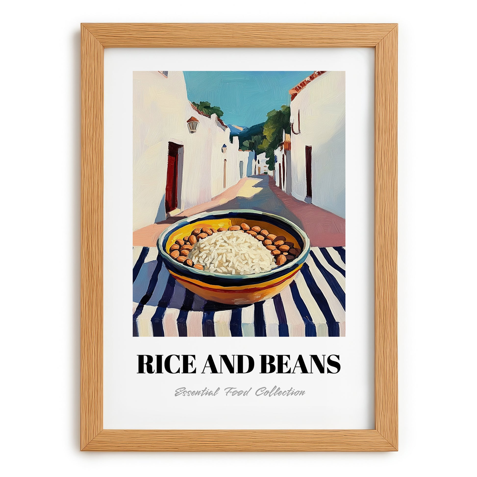 Rice And Beans – White village Outdoor Café Scene, Latin Food Illustration, set in oak frame