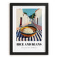 Rice And Beans – White village Outdoor Café Scene, Latin Food Illustration, in sleek black frame