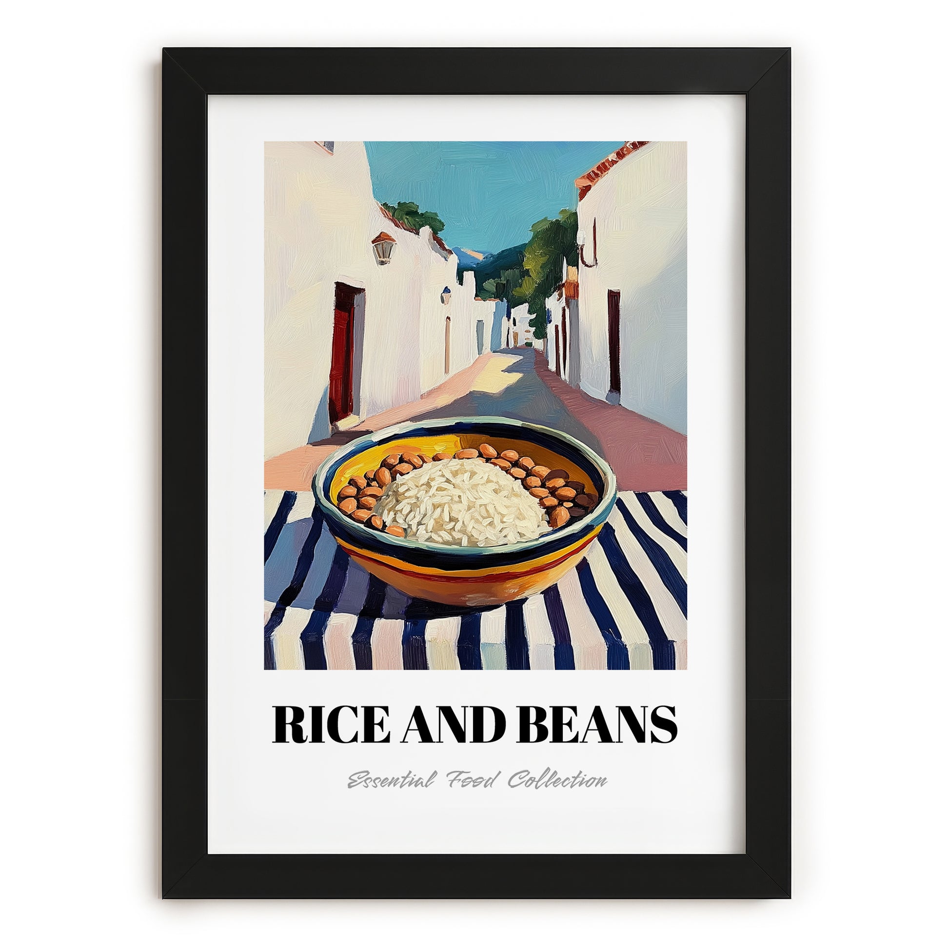 Rice And Beans – White village Outdoor Café Scene, Latin Food Illustration, in sleek black frame