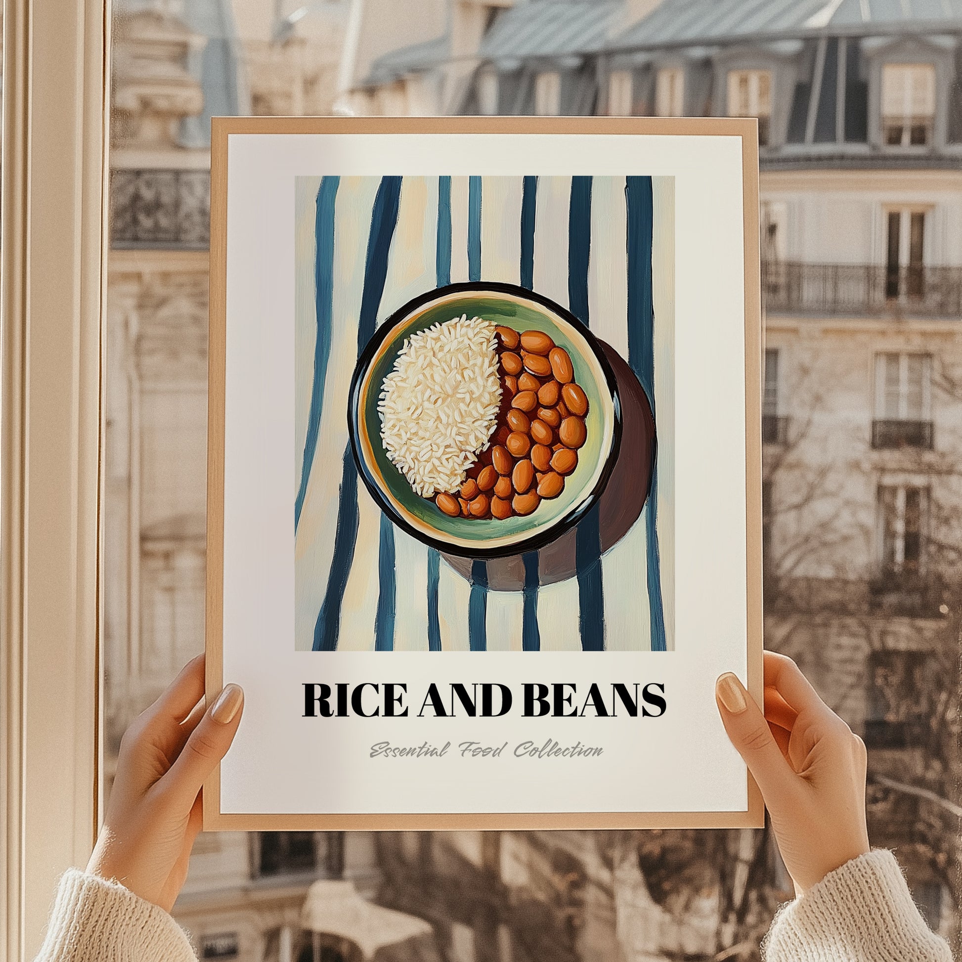 Rice And Beans – on Striped Tablecloth, Latin Food Wall Art, styled in a charming Paris street view