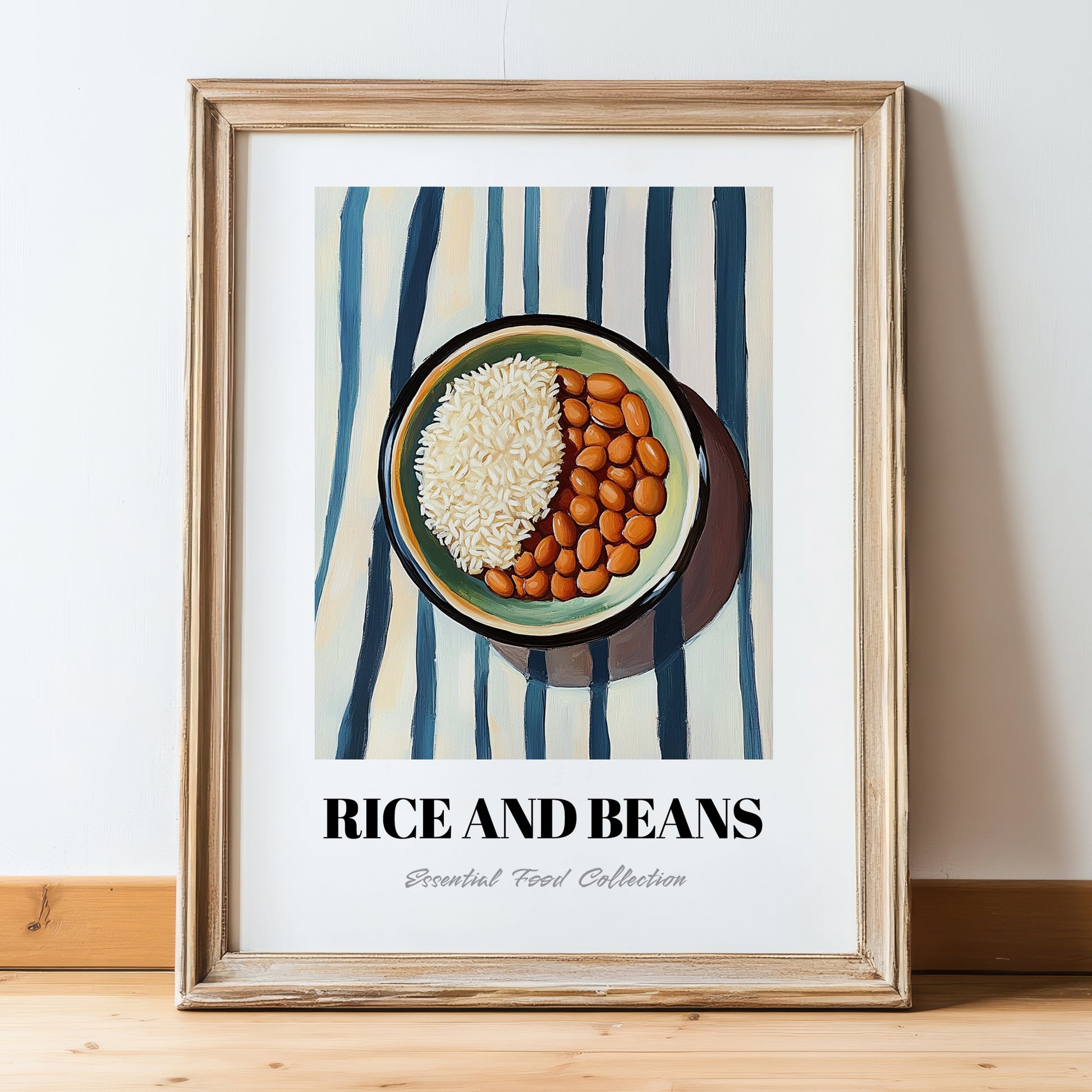 Rice And Beans – on Striped Tablecloth, Latin Food Wall Art, in wooden frame leaning on the floor