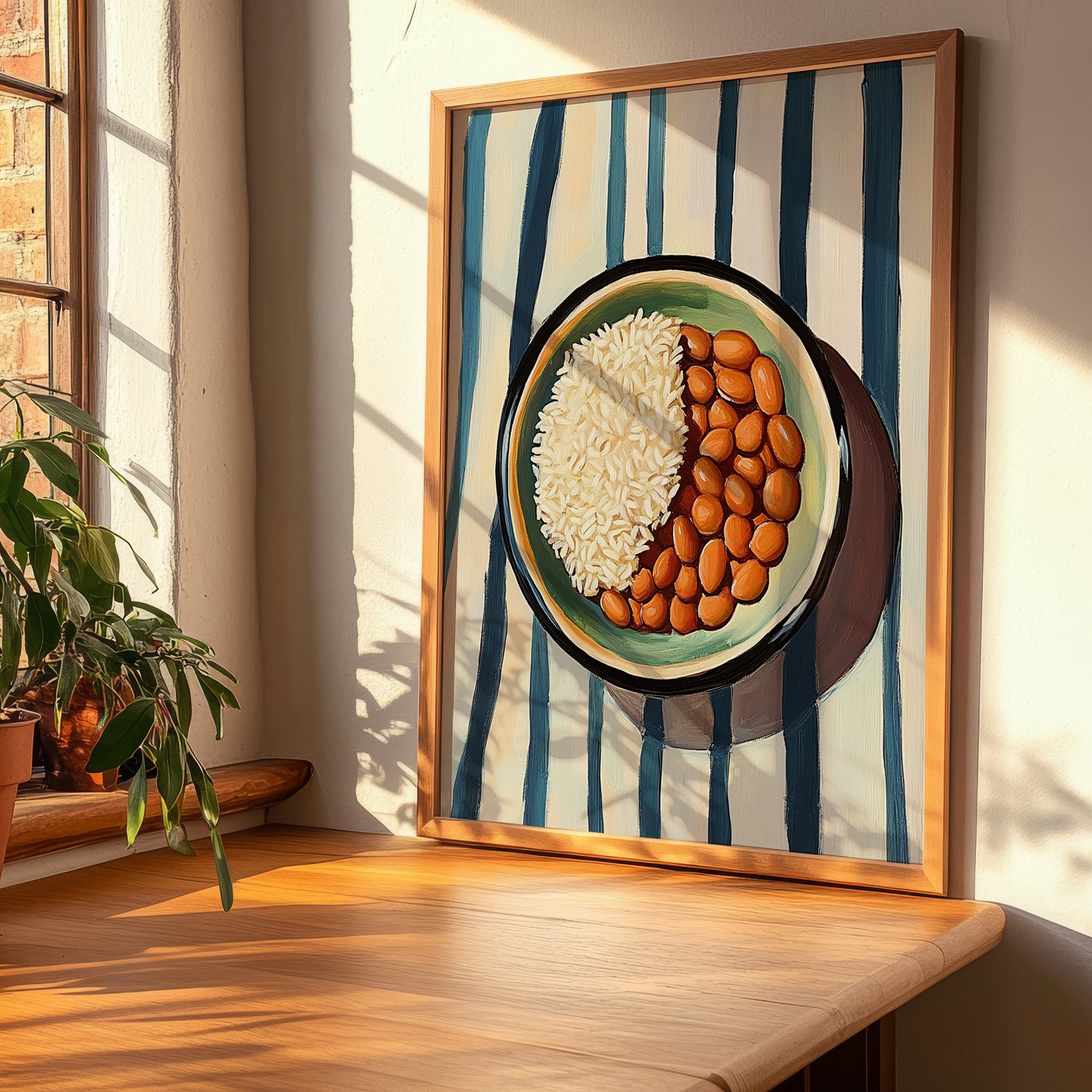 Rice And Beans – on Striped Tablecloth, Latin Food Wall Art, clean layout with no caption