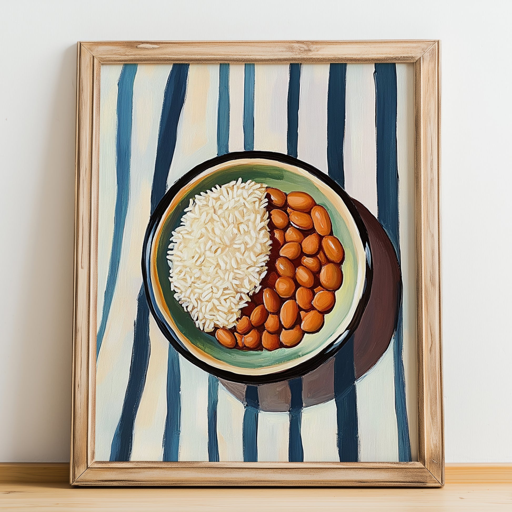Rice And Beans – on Striped Tablecloth, Latin Food Wall Art, no-text version framed in wood
