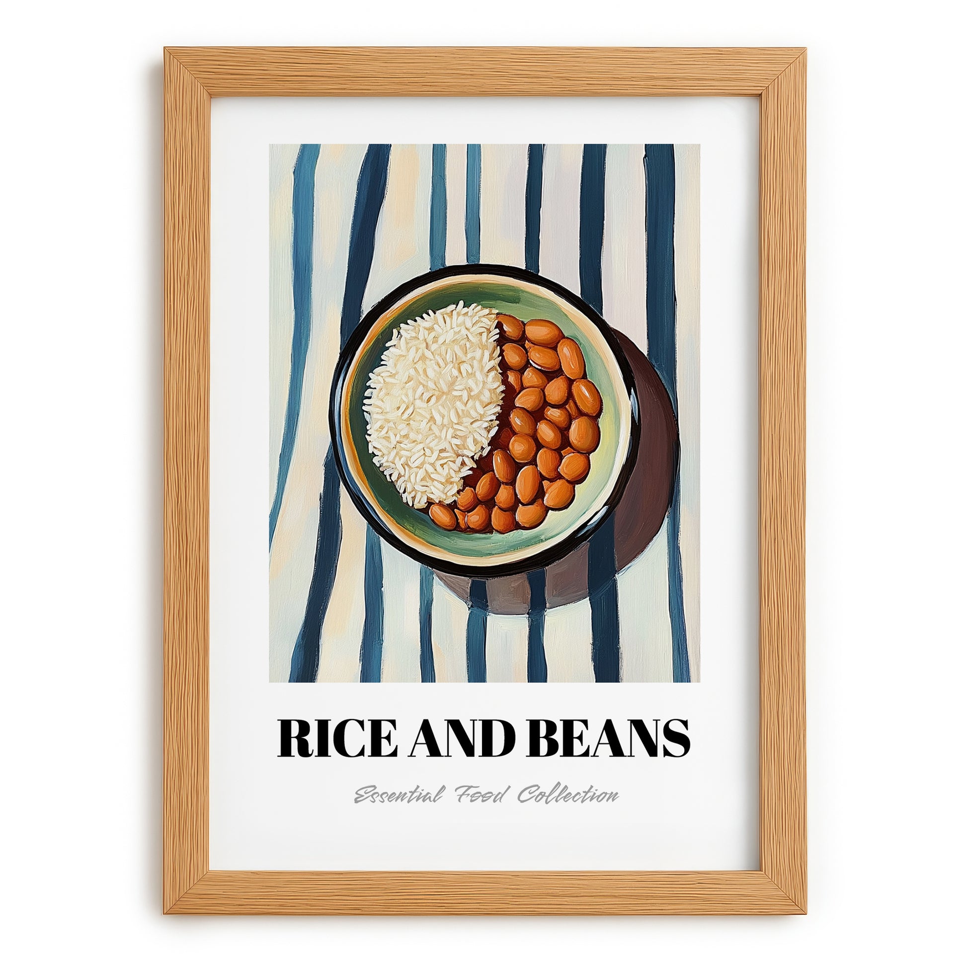 Rice And Beans – on Striped Tablecloth, Latin Food Wall Art, set in oak frame
