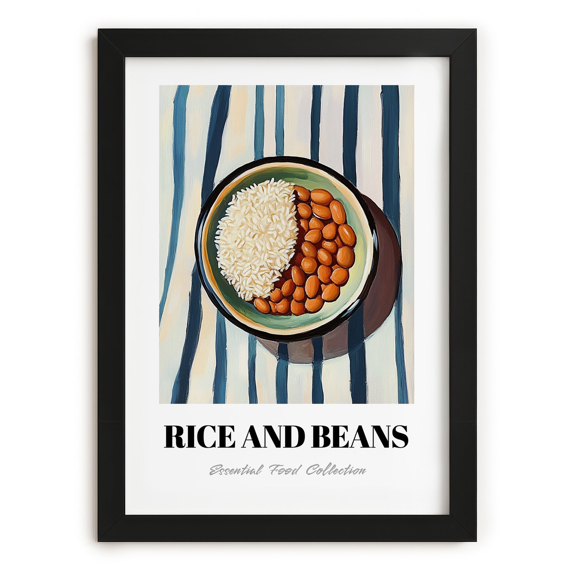 Rice And Beans – on Striped Tablecloth, Latin Food Wall Art, in sleek black frame