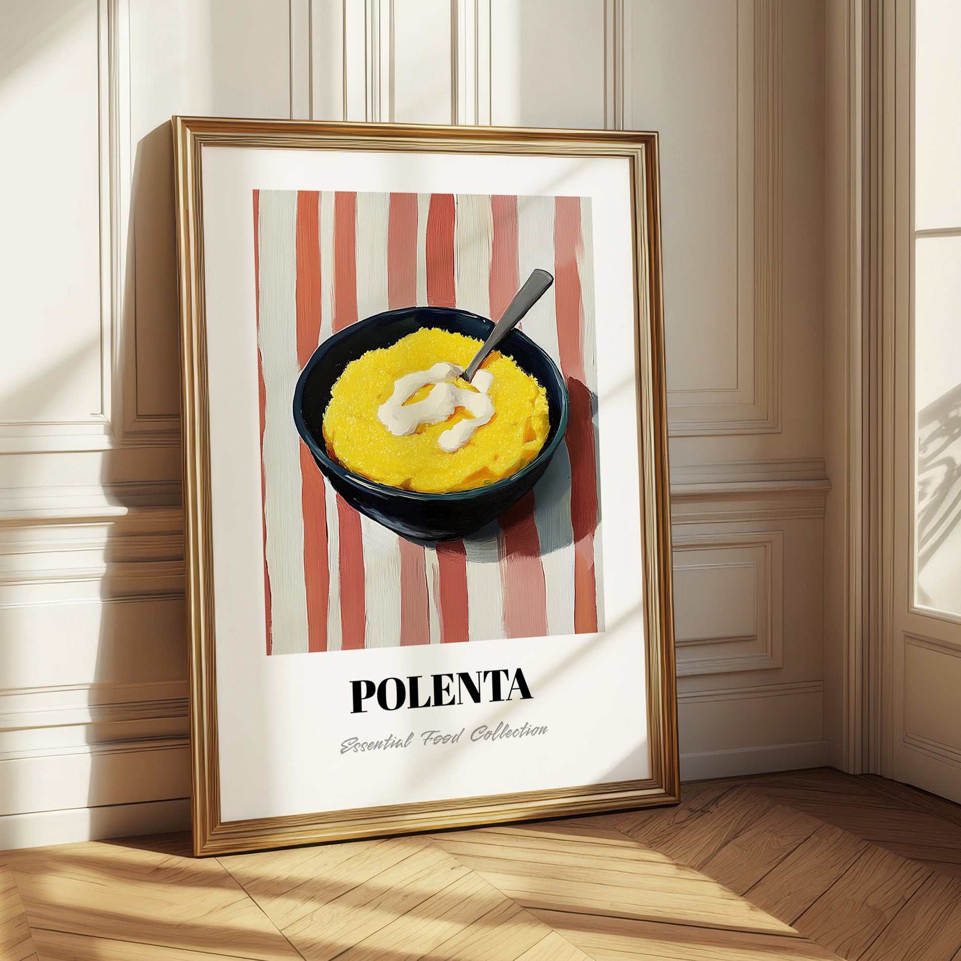 Polenta – on Striped Tablecloth, Italian Food Painting