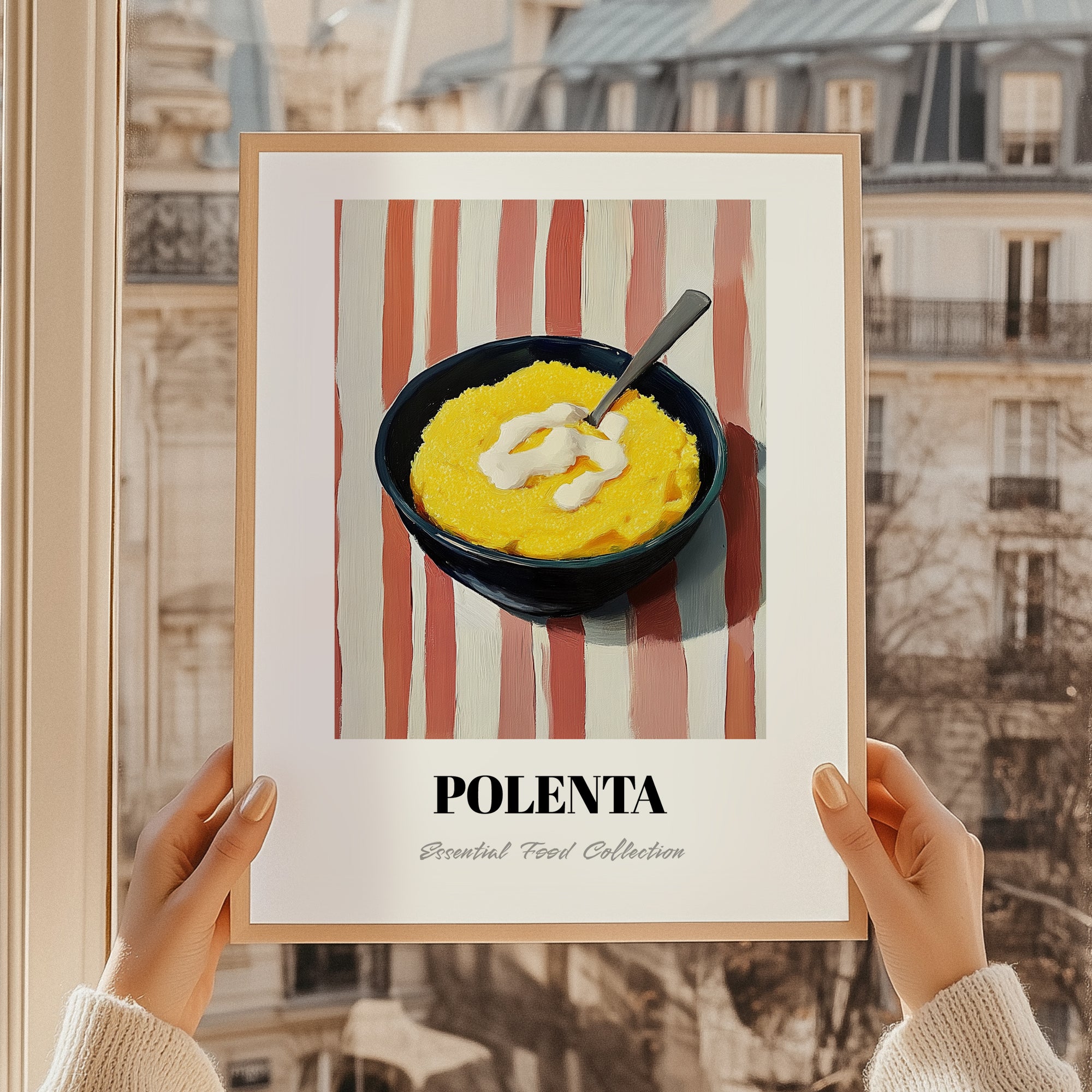 Polenta – on Striped Tablecloth, Italian Food Painting, styled in a charming Paris street view