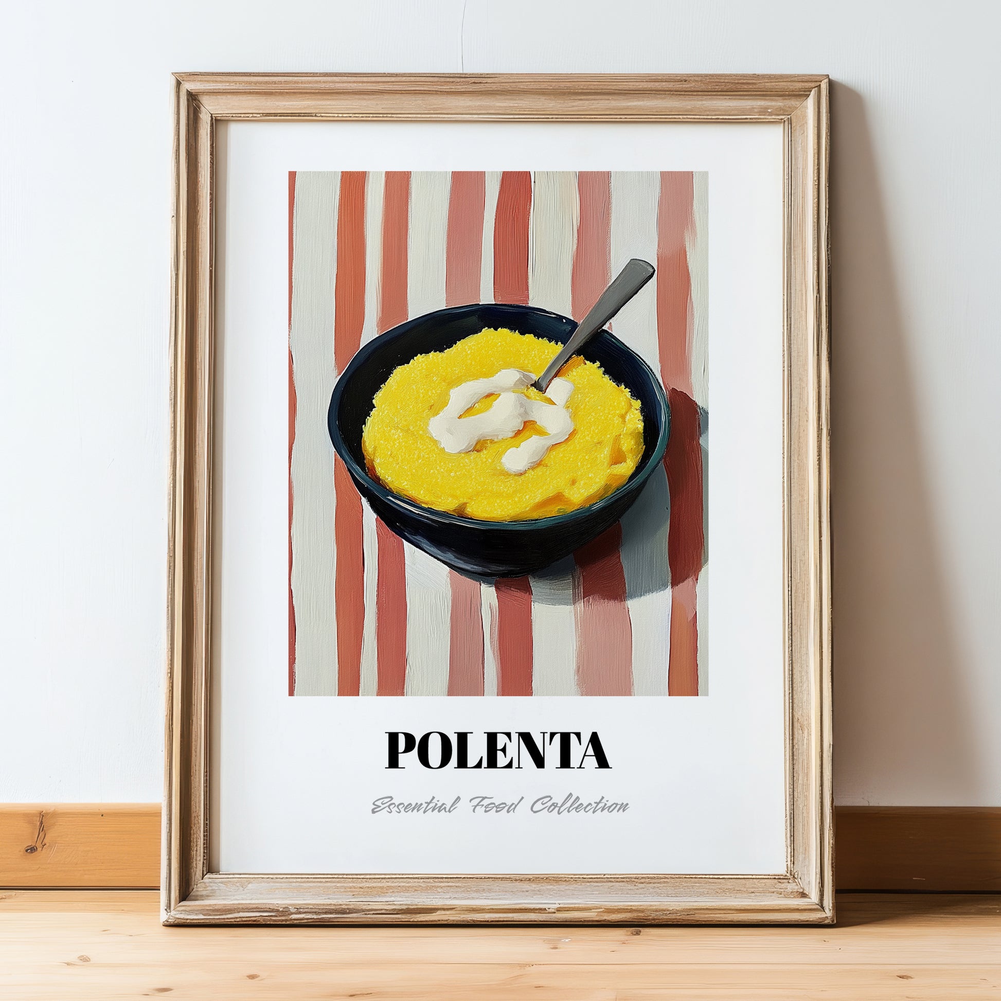 Polenta – on Striped Tablecloth, Italian Food Painting, in wooden frame leaning on the floor