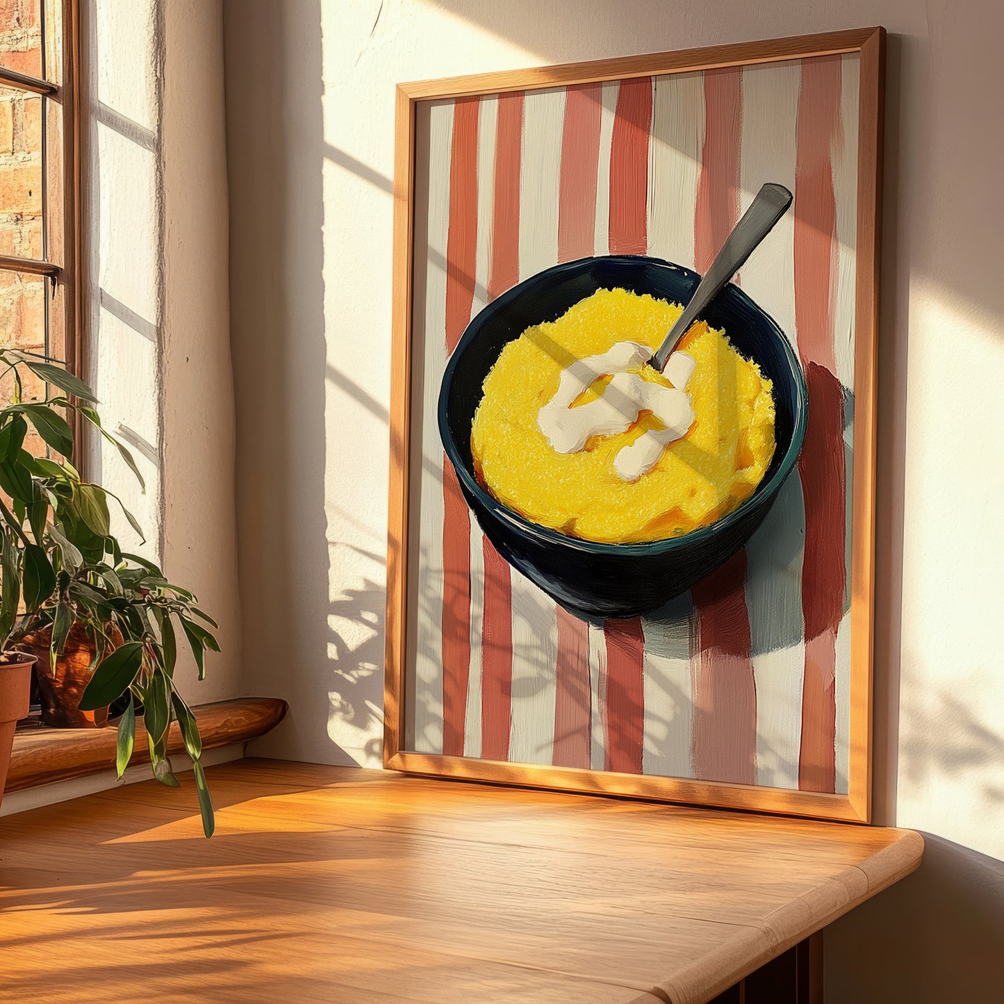 Polenta – on Striped Tablecloth, Italian Food Painting, clean layout with no caption