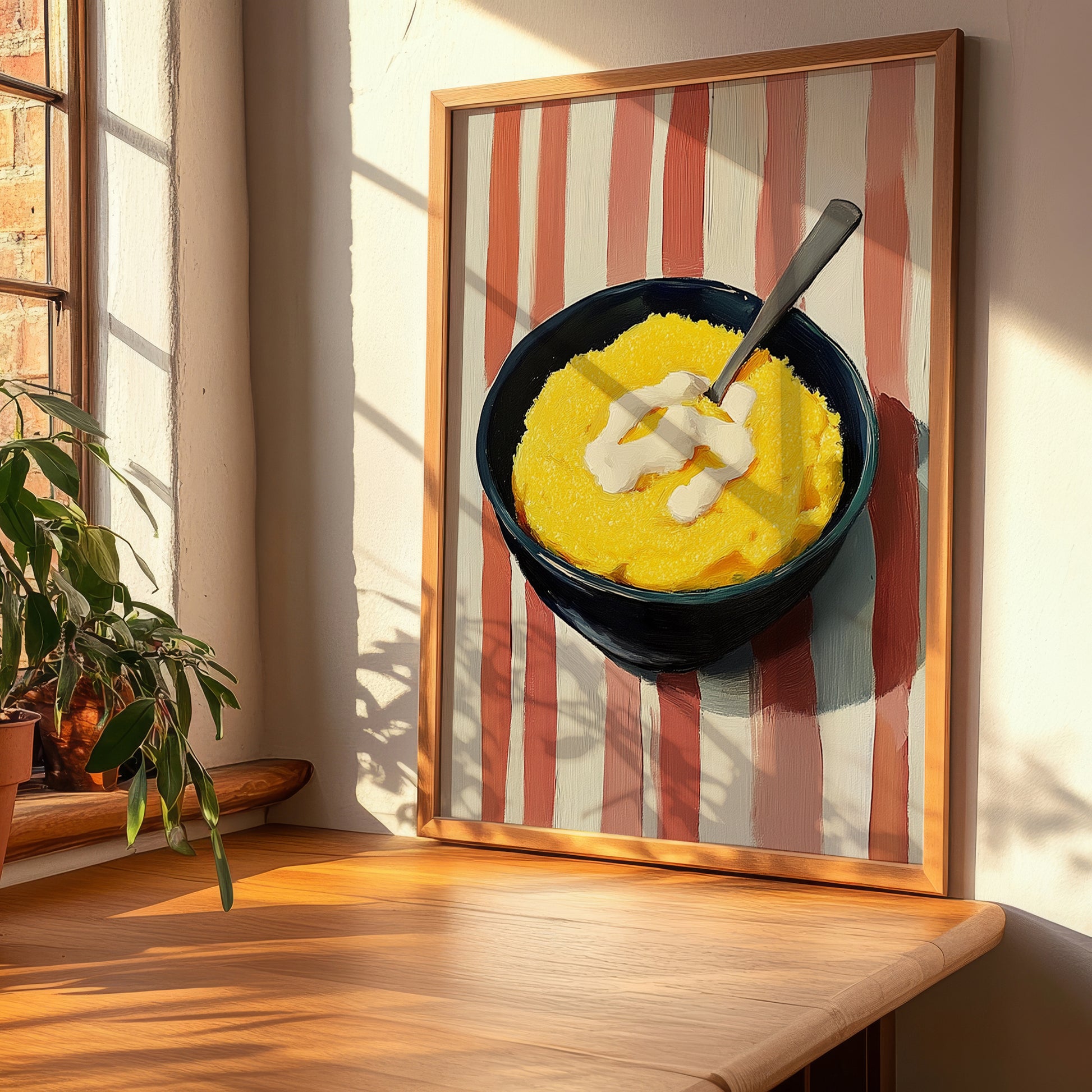 Polenta – on Striped Tablecloth, Italian Food Painting, clean layout with no caption