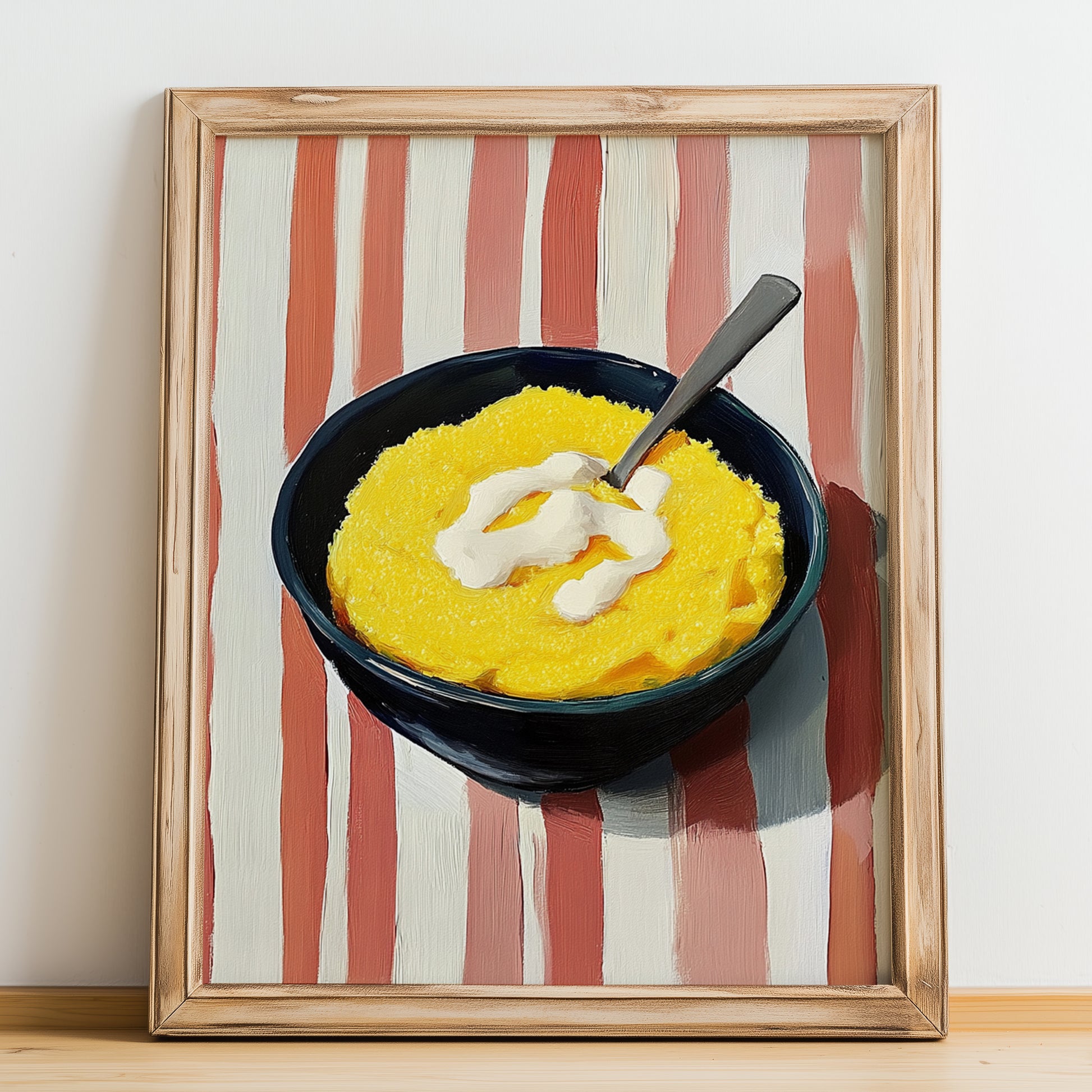 Polenta – on Striped Tablecloth, Italian Food Painting, no-text version framed in wood
