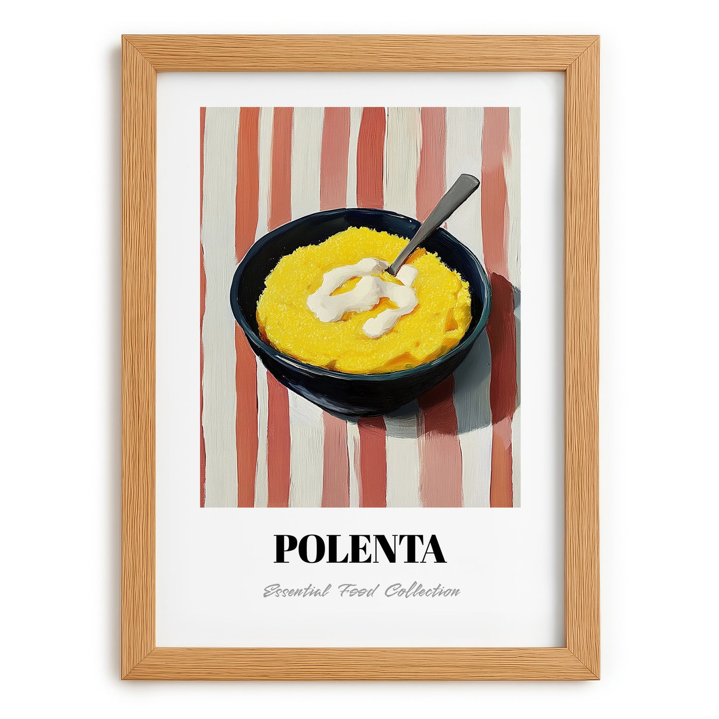 Polenta – on Striped Tablecloth, Italian Food Painting, set in oak frame