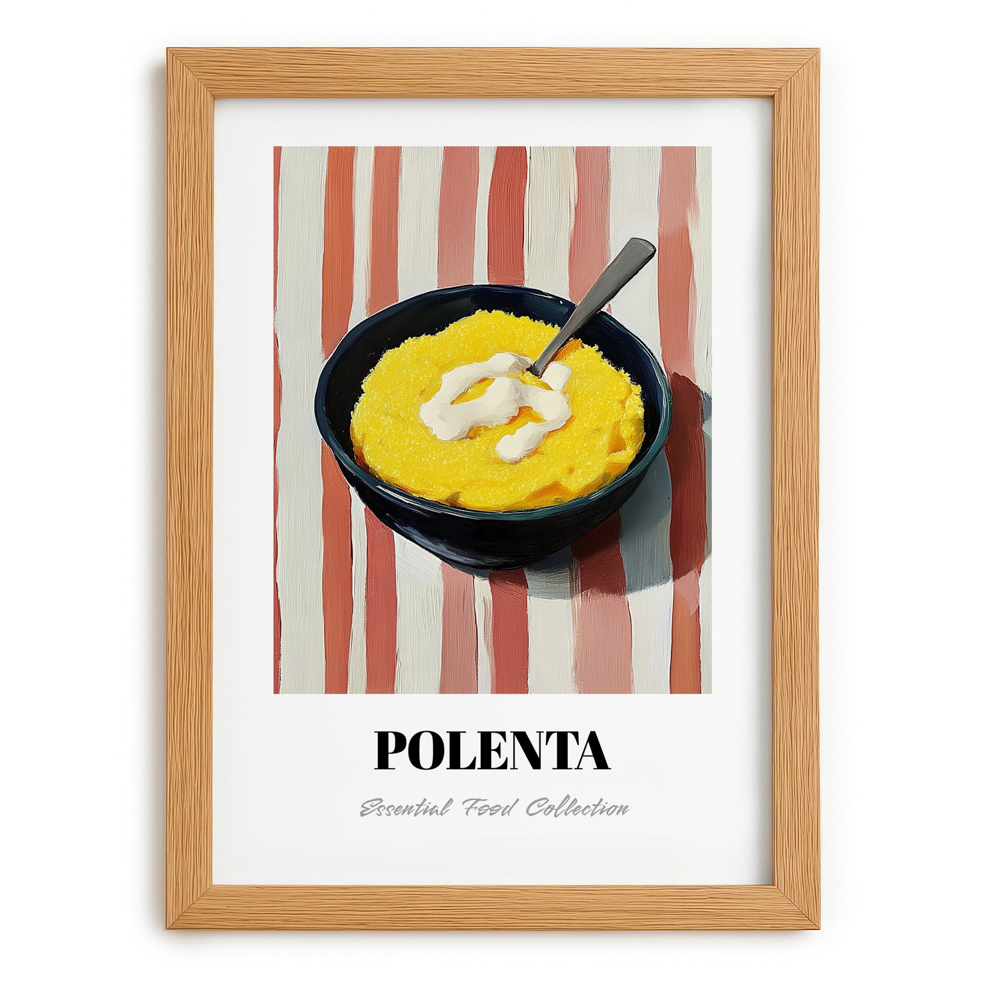 Polenta – on Striped Tablecloth, Italian Food Painting, set in oak frame