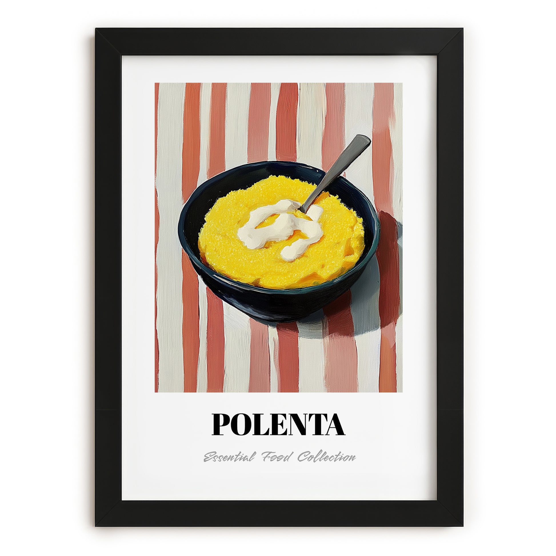Polenta – on Striped Tablecloth, Italian Food Painting, in sleek black frame