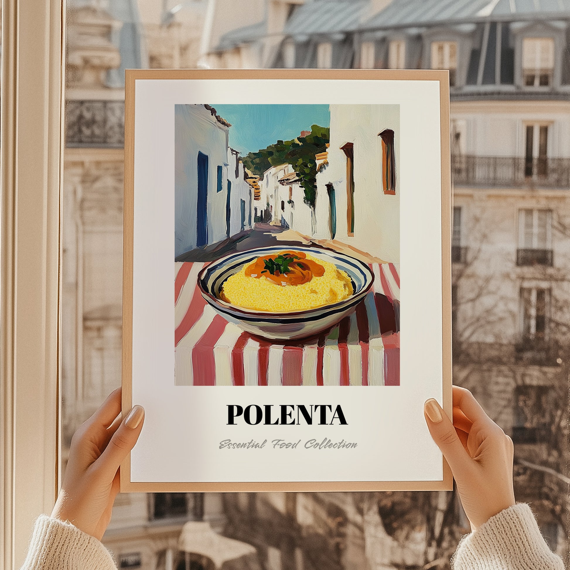 Polenta – White village Street Café Scene, Italian Food Still Life, styled in a charming Paris street view