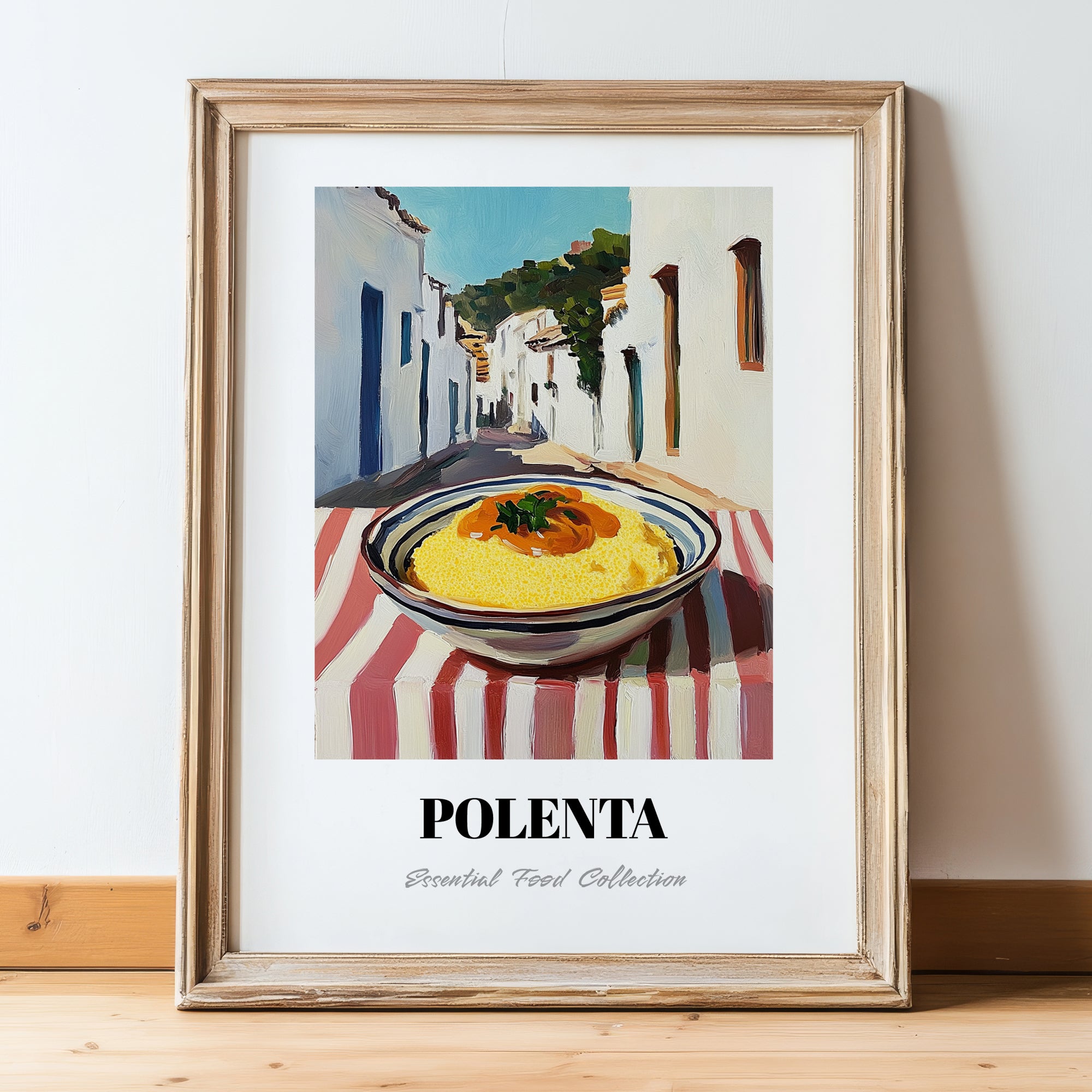 Polenta – White village Street Café Scene, Italian Food Still Life, in wooden frame leaning on the floor
