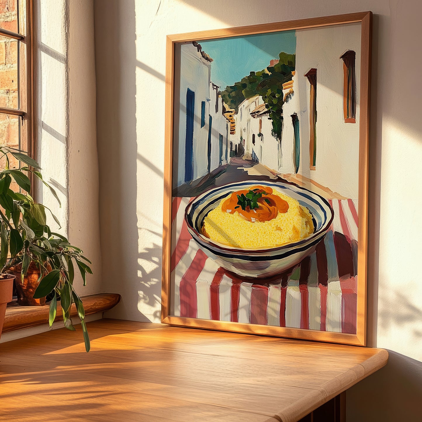 Polenta – White village Street Café Scene, Italian Food Still Life, clean layout with no caption