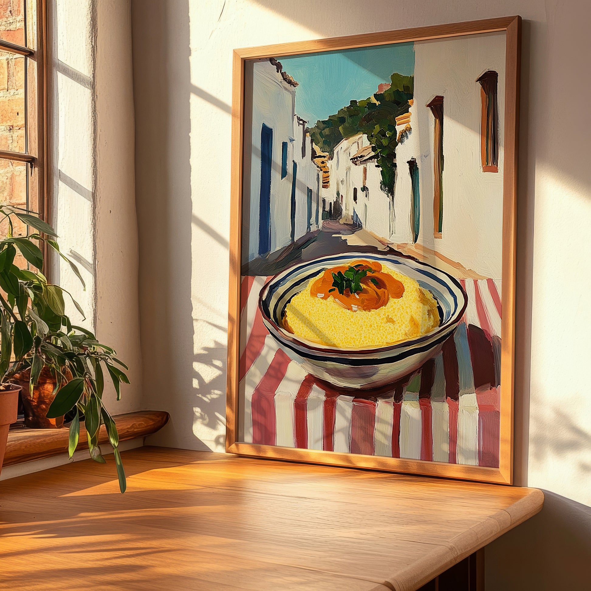 Polenta – White village Street Café Scene, Italian Food Still Life, clean layout with no caption