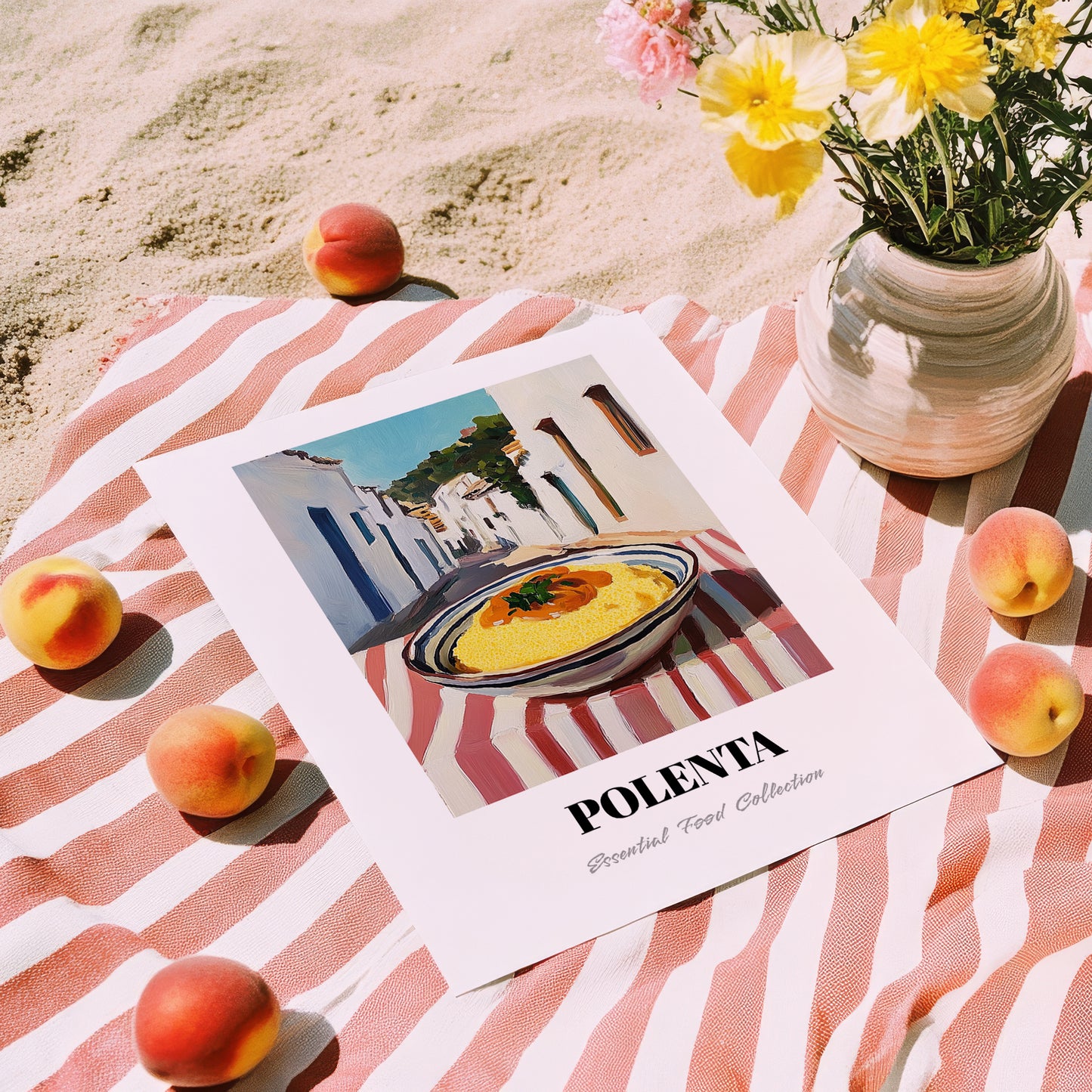 Polenta – White village Street Café Scene, Italian Food Still Life, unframed on coastal sand