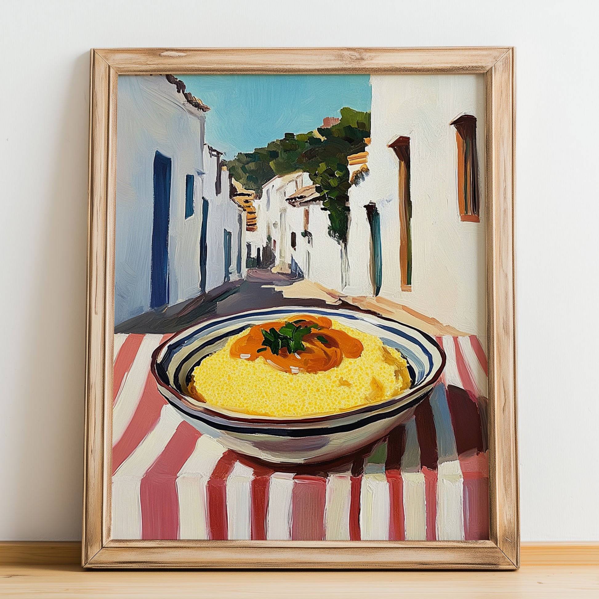 Polenta – White village Street Café Scene, Italian Food Still Life, no-text version framed in wood