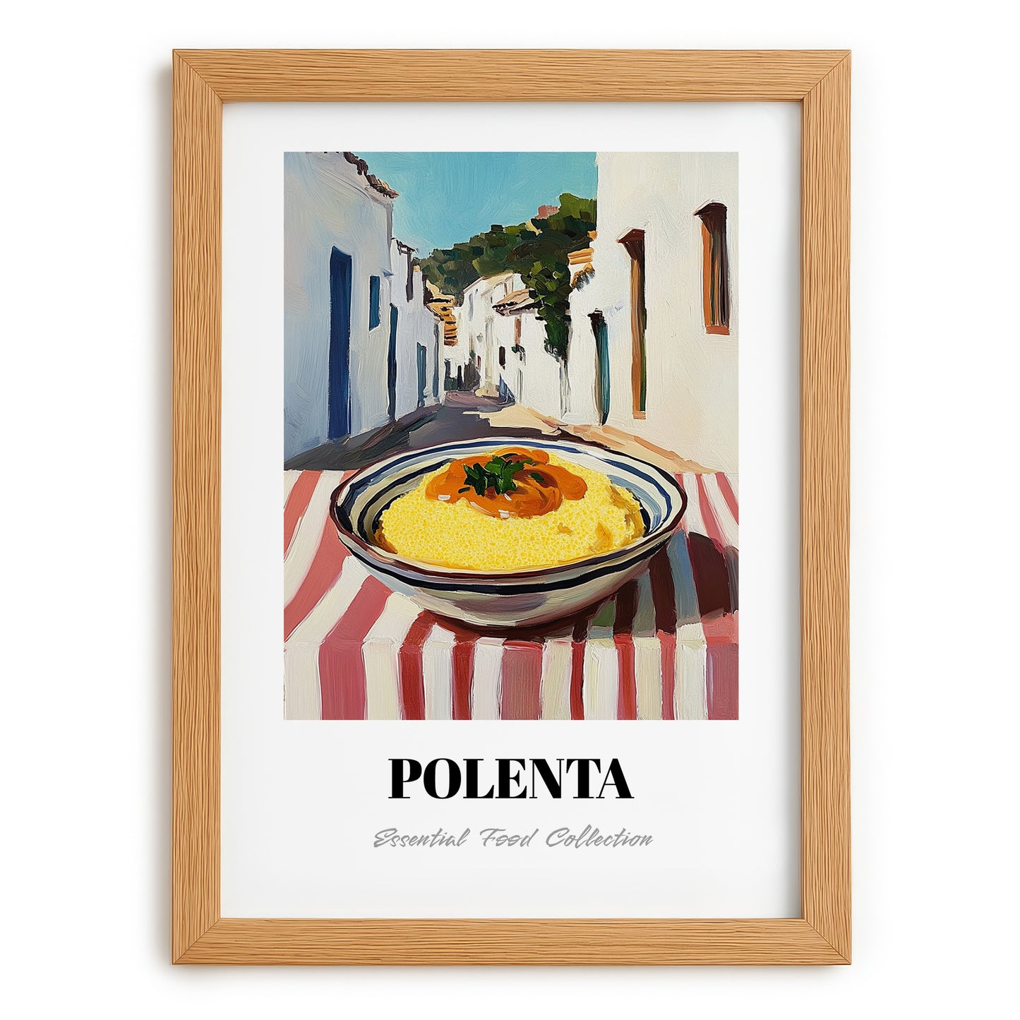 Polenta – White village Street Café Scene, Italian Food Still Life, set in oak frame