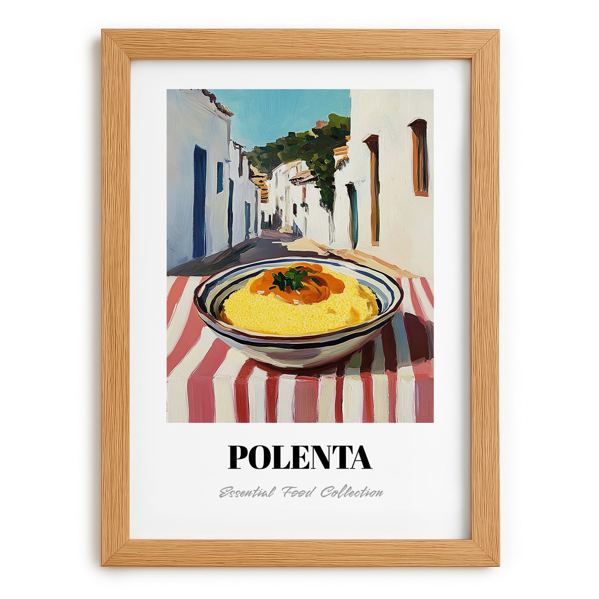 Polenta – White village Street Café Scene, Italian Food Still Life, set in oak frame
