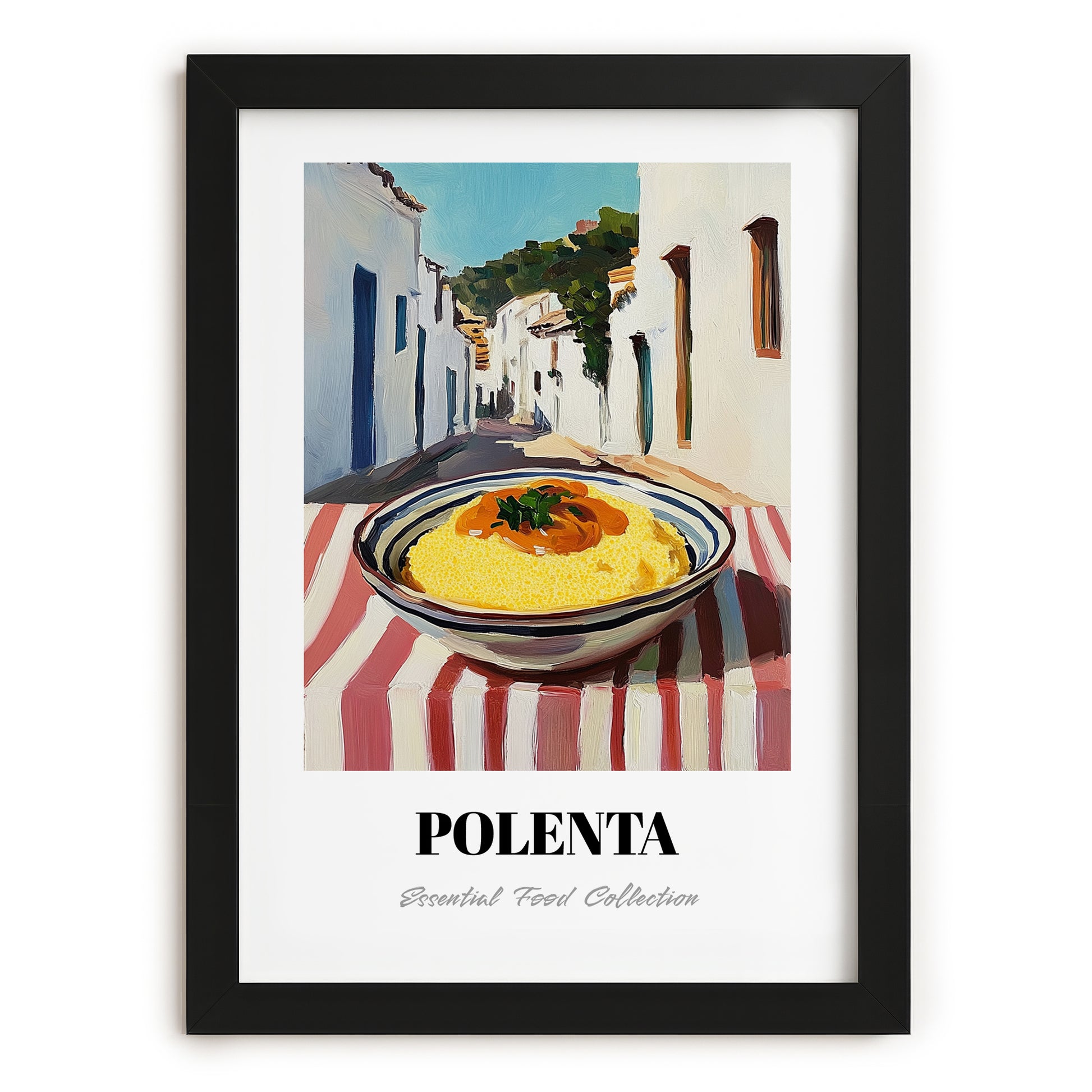 Polenta – White village Street Café Scene, Italian Food Still Life, in sleek black frame