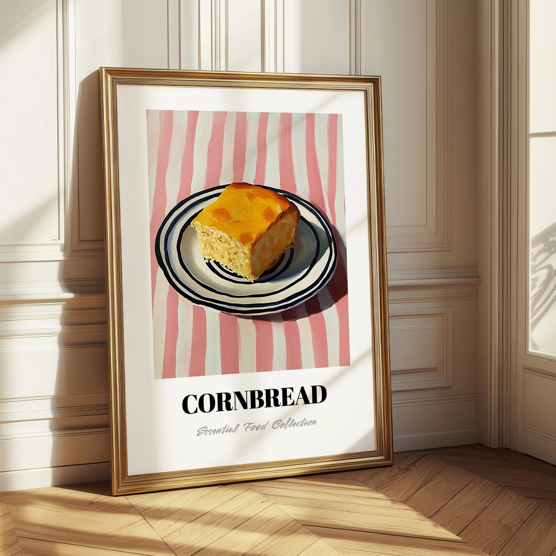 Cornbread – on Striped Tablecloth, American Pastry Print 