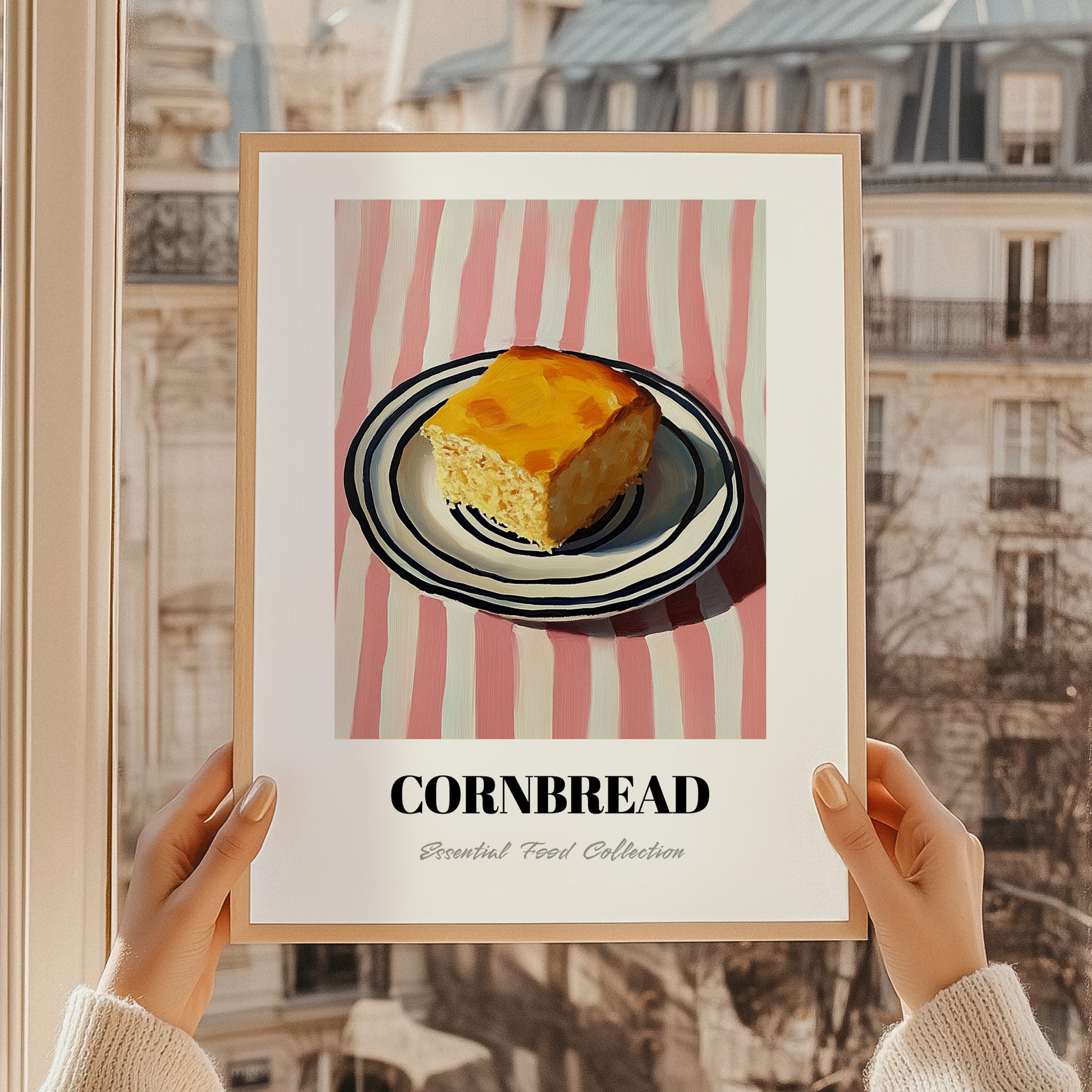 Cornbread – on Striped Tablecloth, American Pastry Print, styled in a charming Paris street view