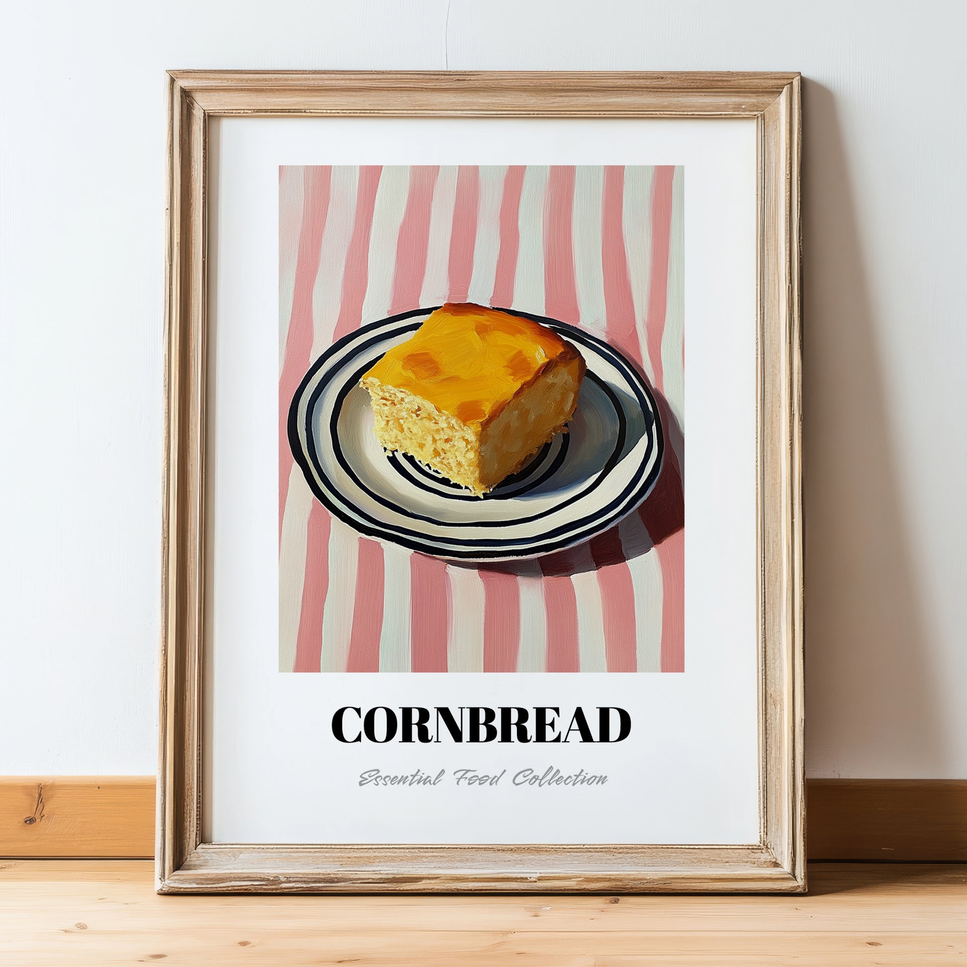 Cornbread – on Striped Tablecloth, American Pastry Print, in wooden frame leaning on the floor