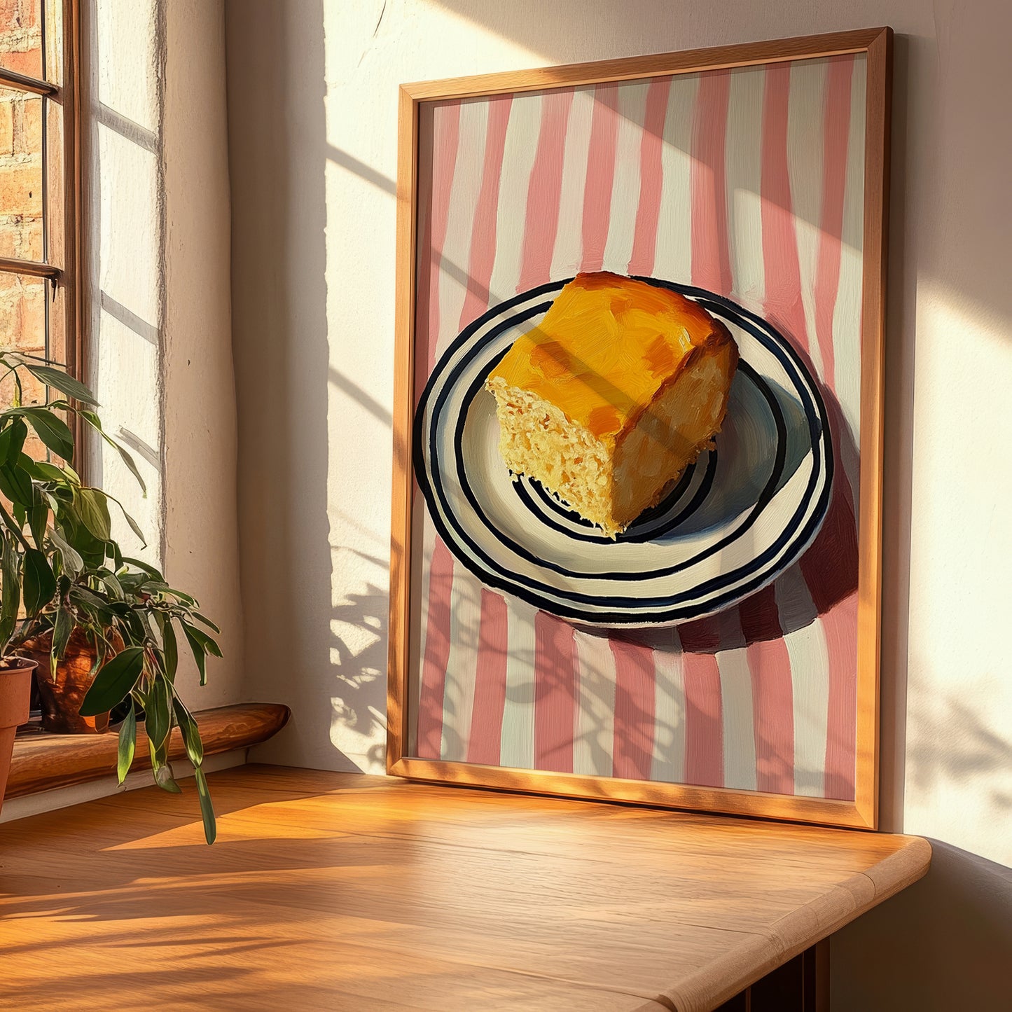 Cornbread – on Striped Tablecloth, American Pastry Print, clean layout with no caption
