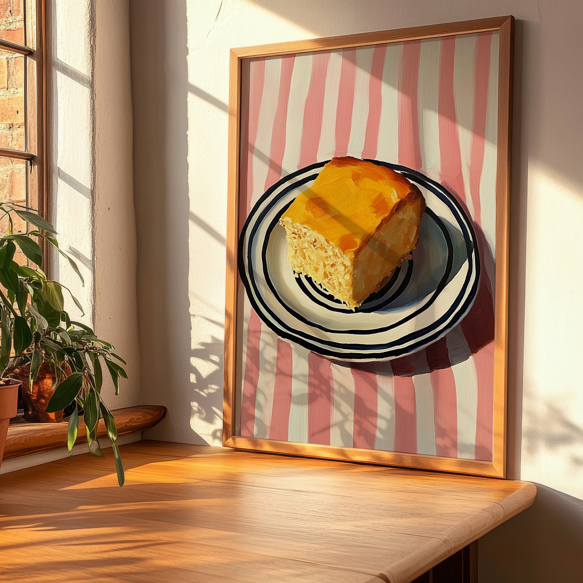 Cornbread – on Striped Tablecloth, American Pastry Print, clean layout with no caption