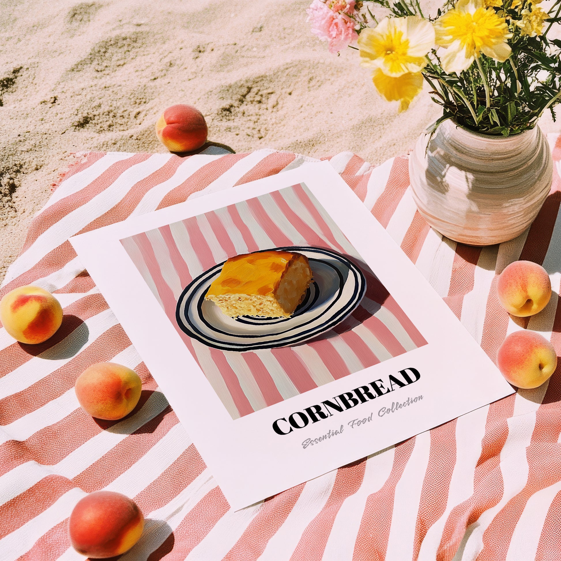 Cornbread – on Striped Tablecloth, American Pastry Print, unframed on coastal sand