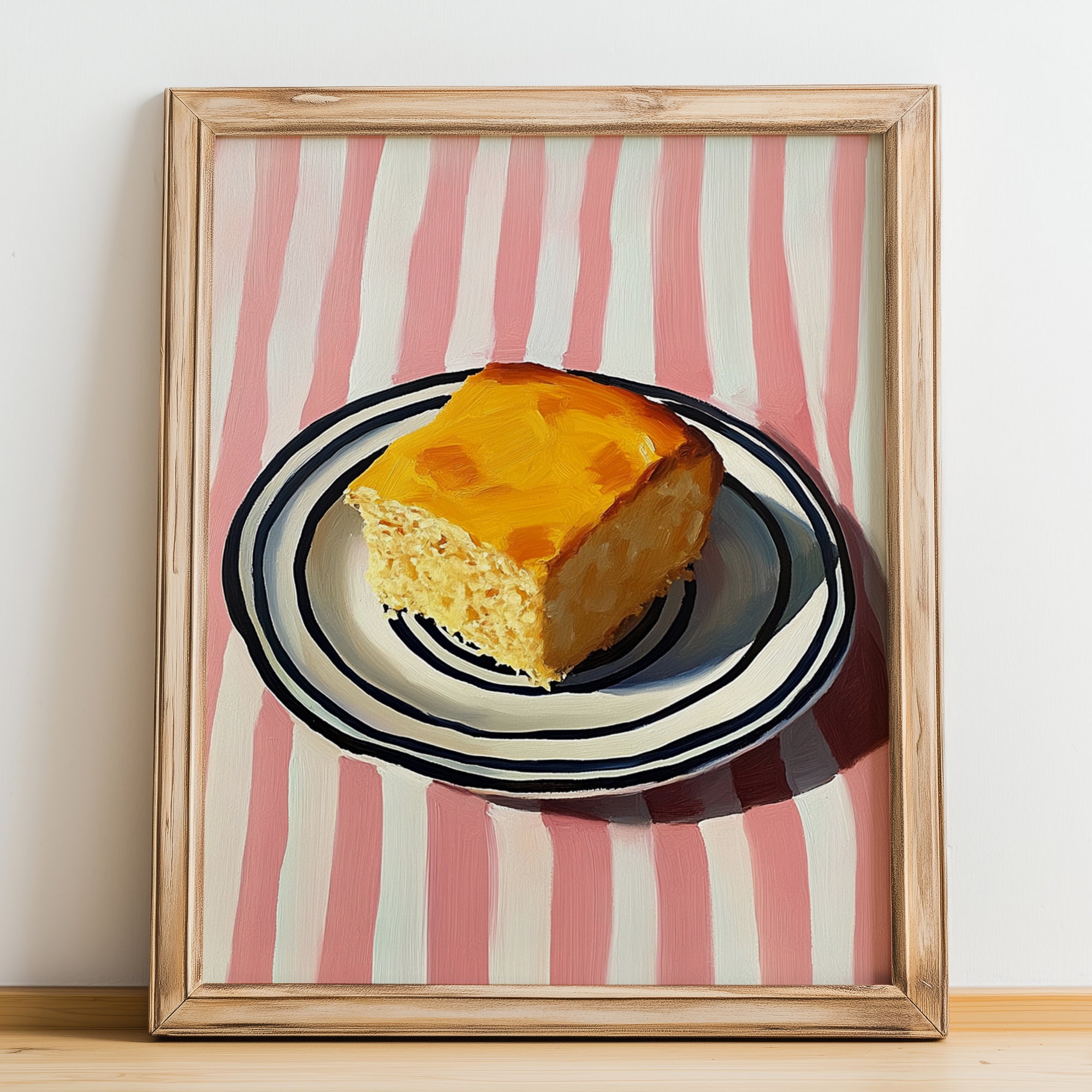 Cornbread – on Striped Tablecloth, American Pastry Print, no-text version framed in wood
