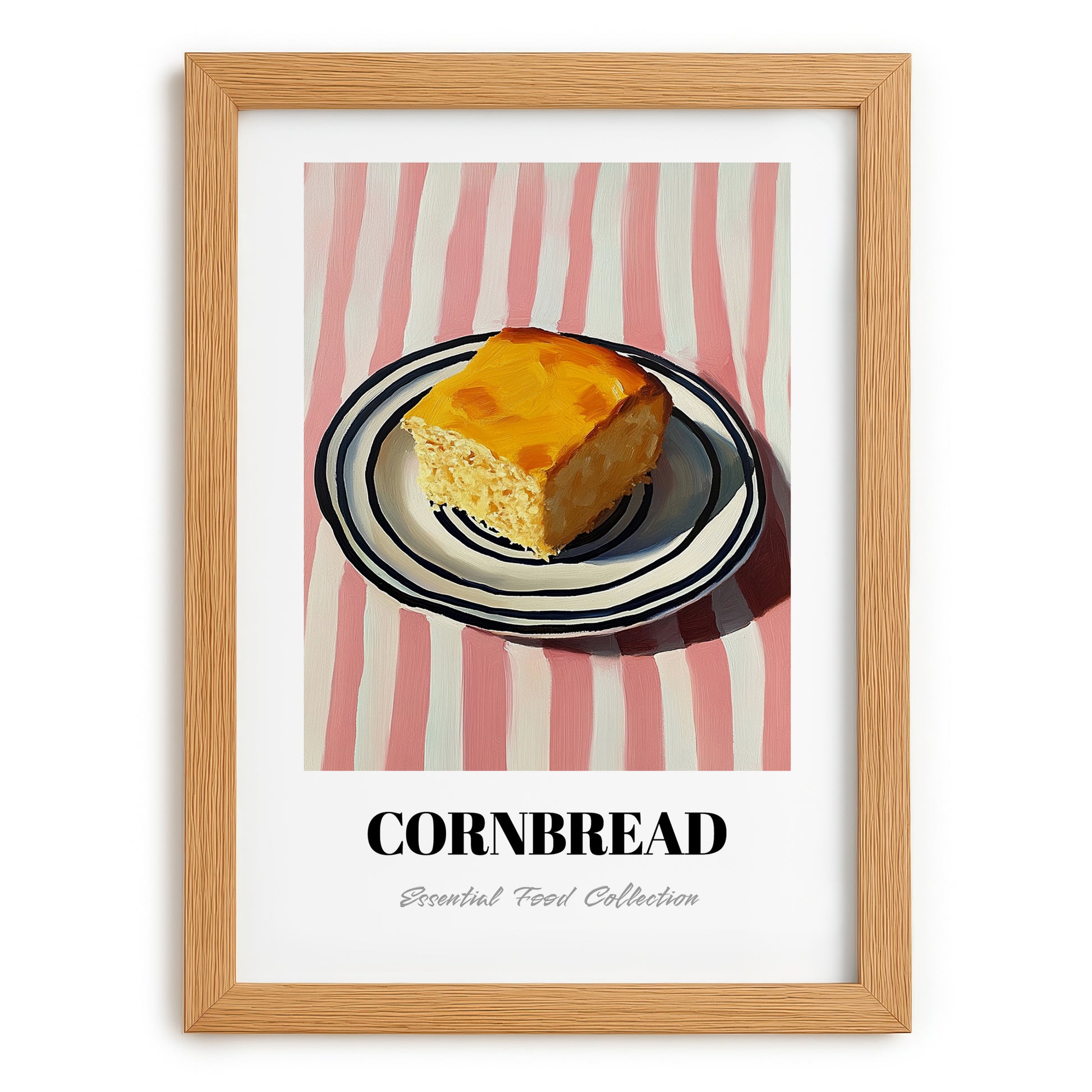 Cornbread – on Striped Tablecloth, American Pastry Print, set in oak frame