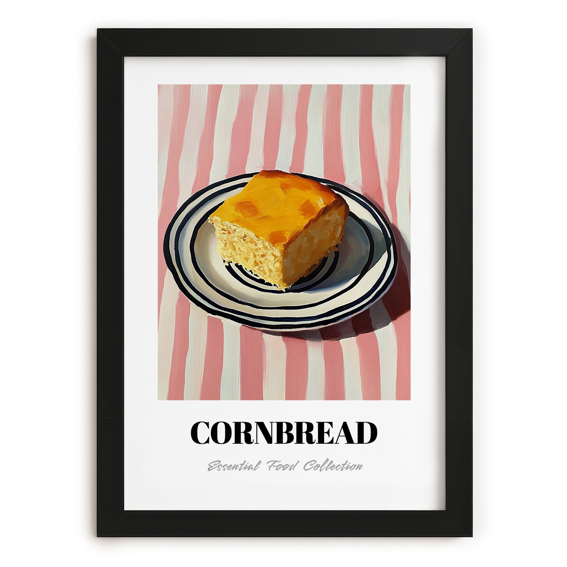 Cornbread – on Striped Tablecloth, American Pastry Print, in sleek black frame