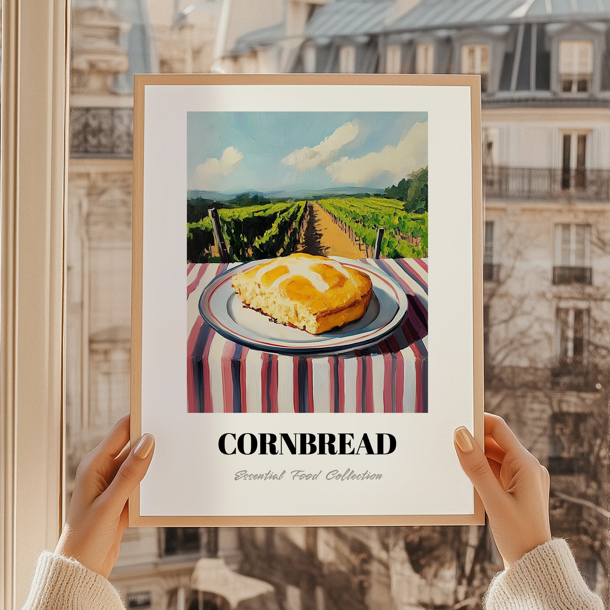 Cornbread – Hilltop Table Scene, American Pastry Poster, styled in a charming Paris street view
