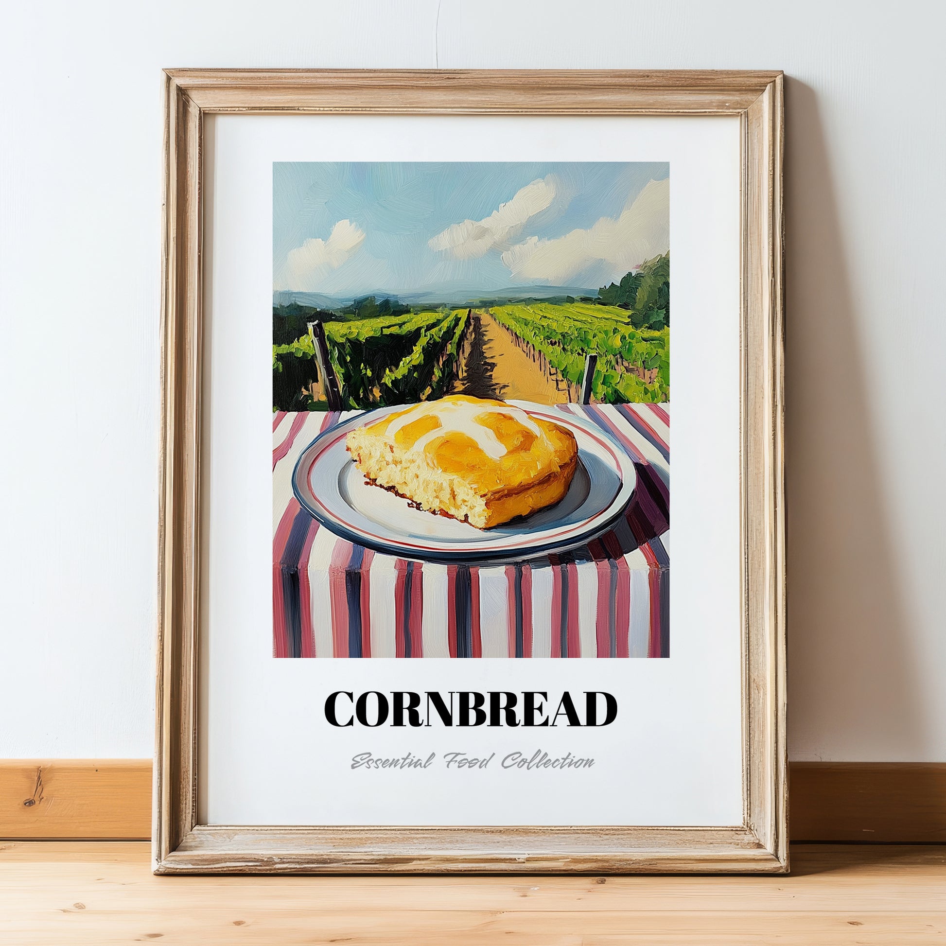 Cornbread – Hilltop Table Scene, American Pastry Poster, in wooden frame leaning on the floor